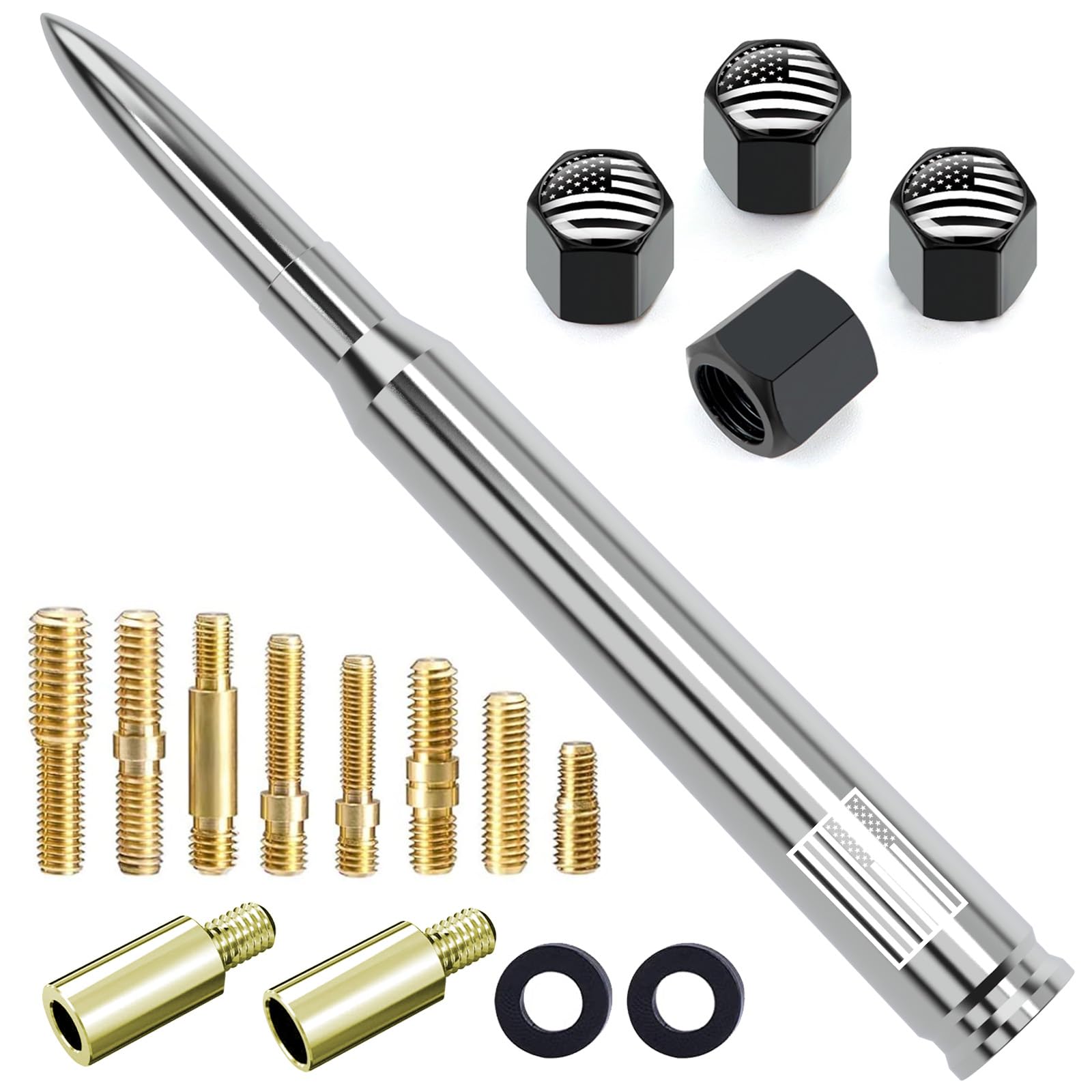 Car Truck Antenna with Tire Valve Caps American Flag Universal Short Replacement for GMC Sierra Chevy Silverado Dodge Ram 1500 2500 3500 Ford F150 F250 F350 Super Duty Raptor Accessories, Chrome
