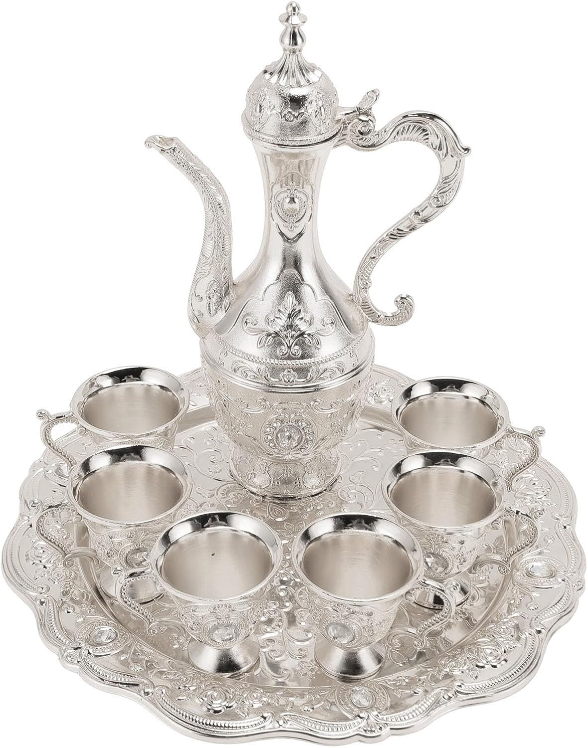 Alloy Wine Glass Pot Set, Vintage Coffee Tea Serving Set, Rustproof Metal Drinkware with Tray and 6 Glasses for Home Party Wedding Bar Decor (Silver White)