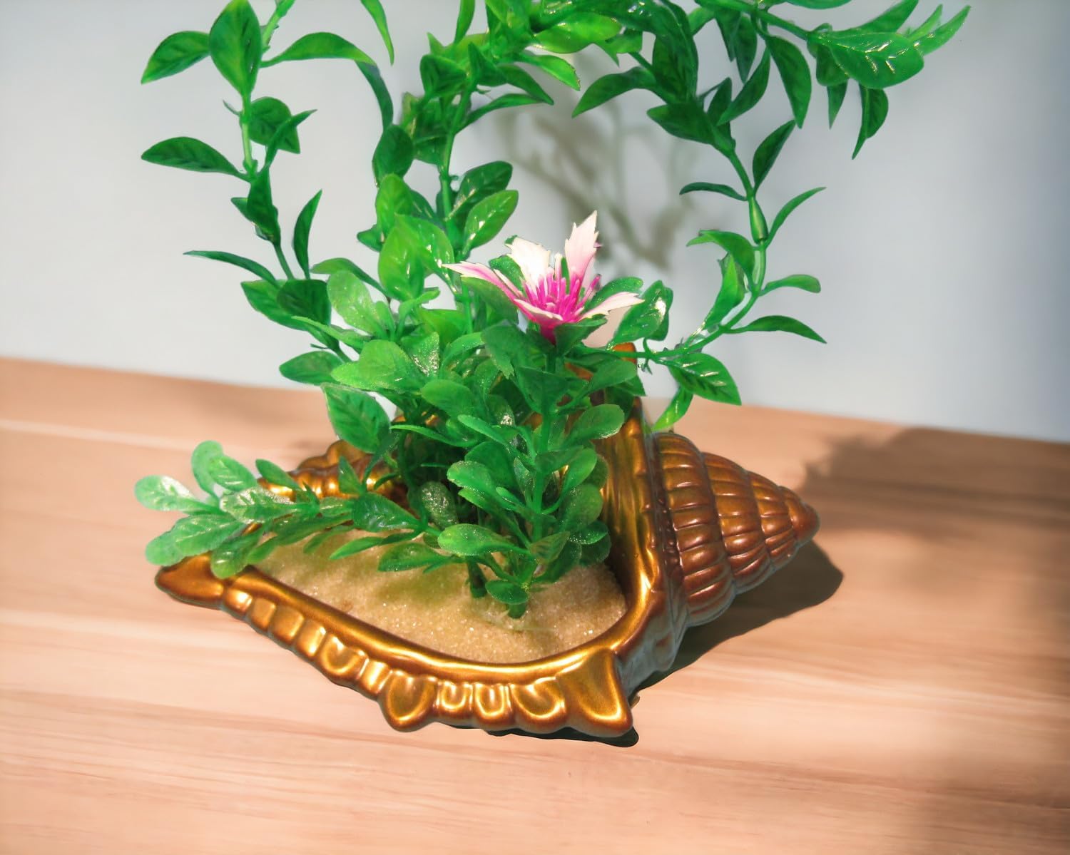 Handmade Gold Jumbo Shell Aquarium Decoration with Artificial Plant. Heavy Fish Tank Decor Ornament with Artificial Plant.