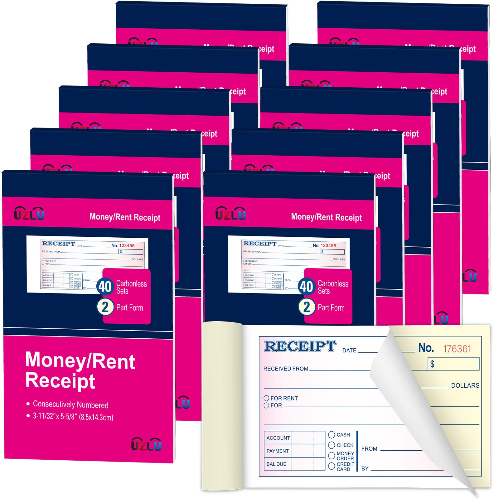 Photo 1 of 10 Packs Money and Rent Receipt Book, 3-11/32" x 5-5/8" Rent Receipt Books, 2 Part Carbonless for Small Business, Receipt Pad with Consecutive Numbering & Wraparound Cover, 40 Sets per Book