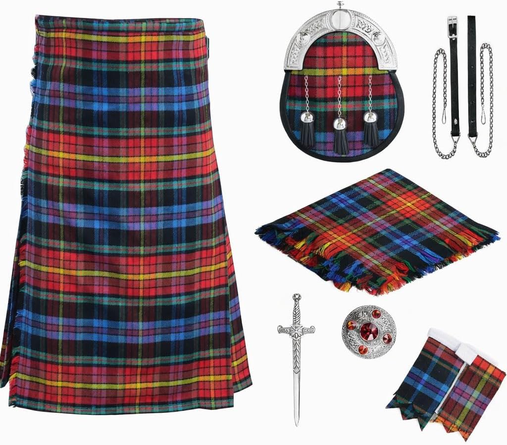 GOHAR & SONS INDUS Men’s Scottish Tartan Kilt Set Multicolor – Traditional 8 Yard Highland Kilt Deal for men