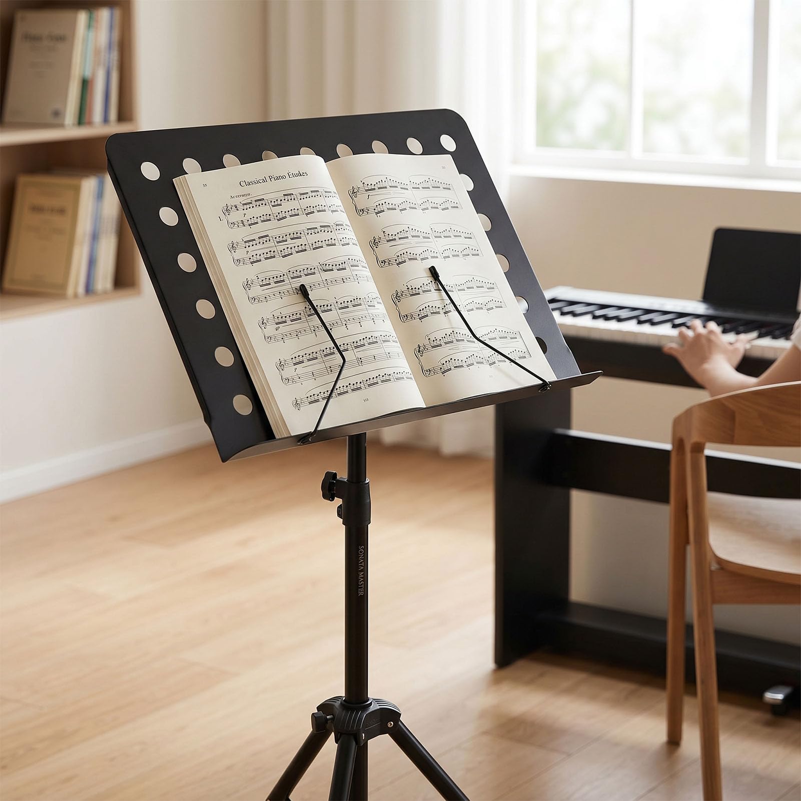 EMUKOEP Atril para Partituras, Soporte para Partituras Plegable Ajustable con de Altura de 31,5 a 58,1 Pulgadas, Bandeja Inclinable de 180 Grados para Práctica de Instrumentos, Orquesta