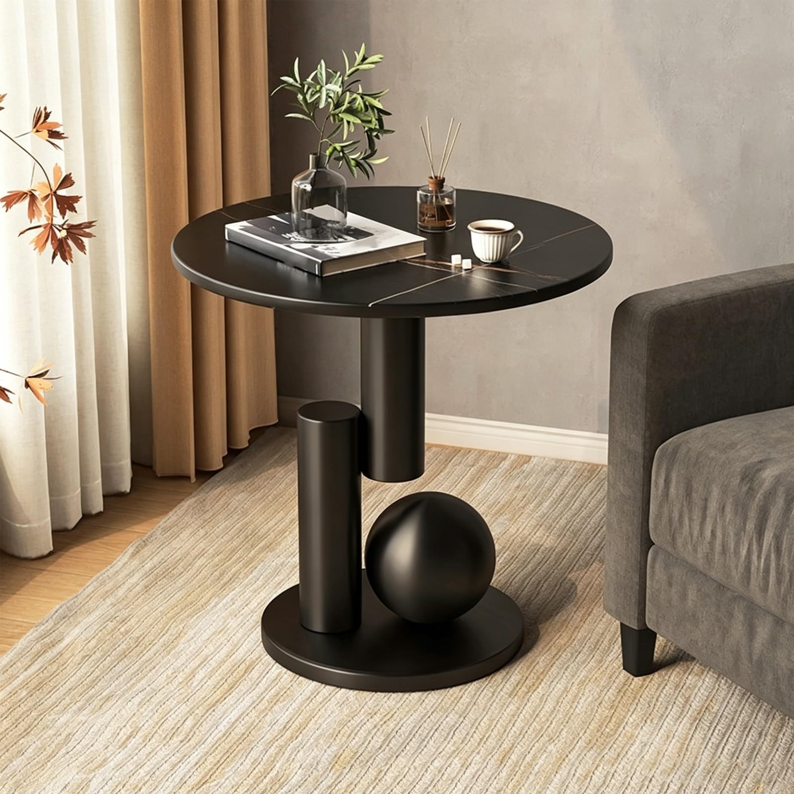 Elegante tavolino rotondo in marmo nero con base in metallo, mini tavolino per soggiorno e camera da letto, 40 x 55 cm, design moderno con angoli arrotondati