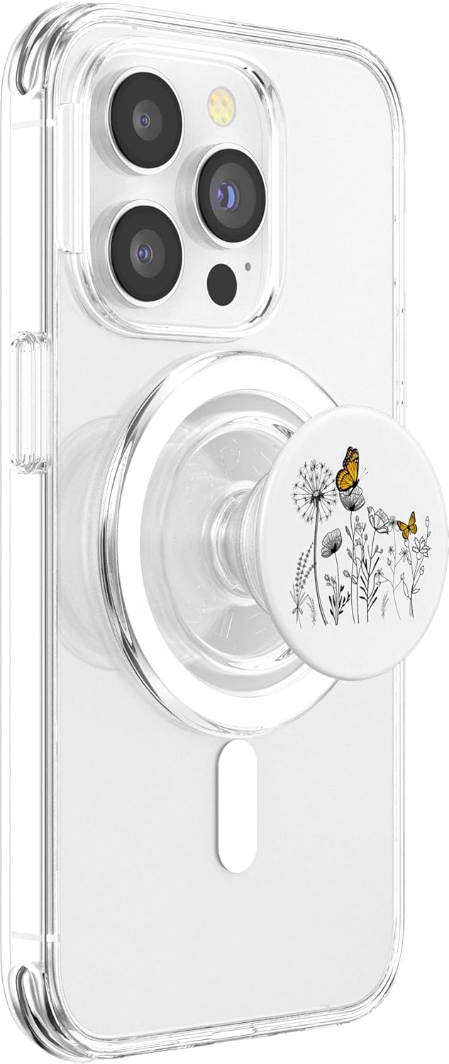 Retro Sketch of Botanical Wildflowers & Yellow Butterflies PopSockets MagSafe PopGrip for iPhone