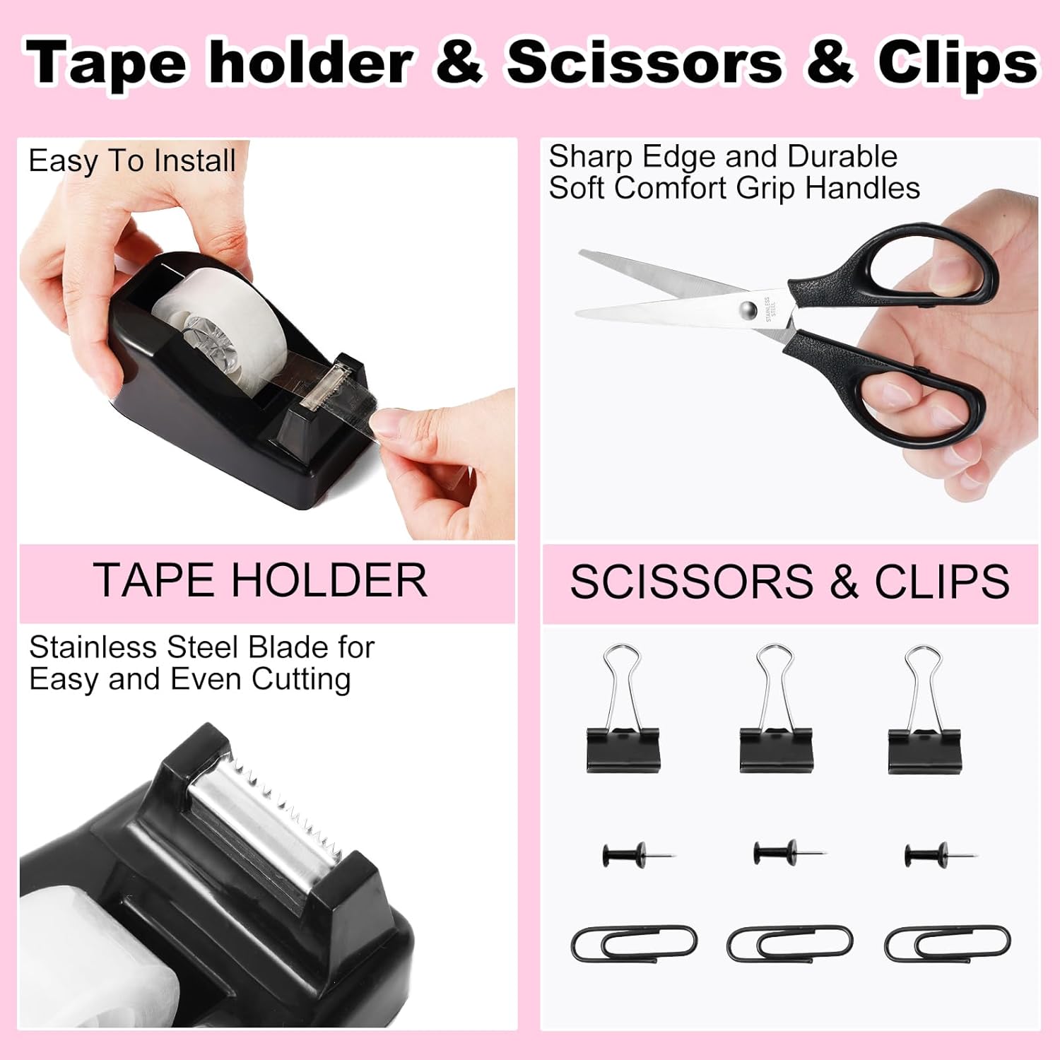 Gawsey Black Desk Organizers and Accessories Set with 360-Degree Rotating Pen Holder, Tape Dispenser, Stapler, Staple Remover, 1000 Staples, Tape, Clips Set, Ruler, Scissor, Pen