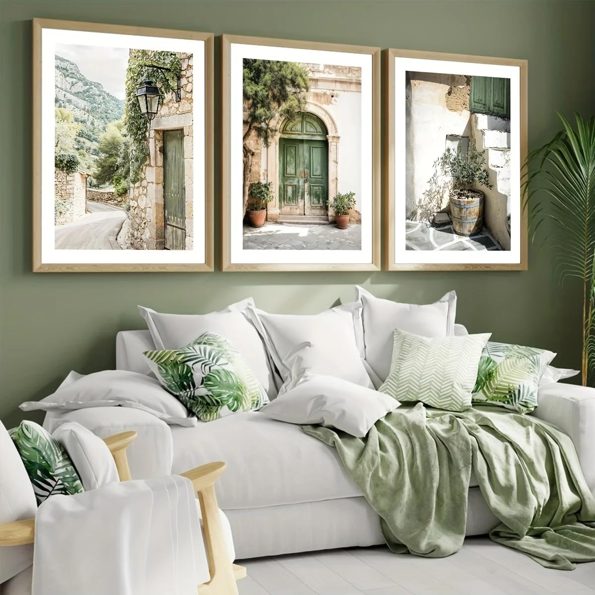 Décoration murale bohème, Affiches de porte bohème verte de Majorque, Photographie murale sur le thème des oliviers, des fleurs et des plantes, Décoration intérieure (50x70cm/3 pièces sans cadre)