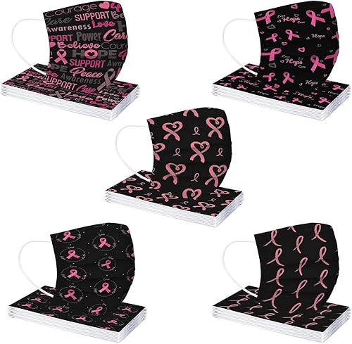 Miniatura 7 de Paquete de 50 mascarillas desechables para concientización del cáncer de mama, máscaras de cinta rosa para mujeres y adultos, protección facial de 3