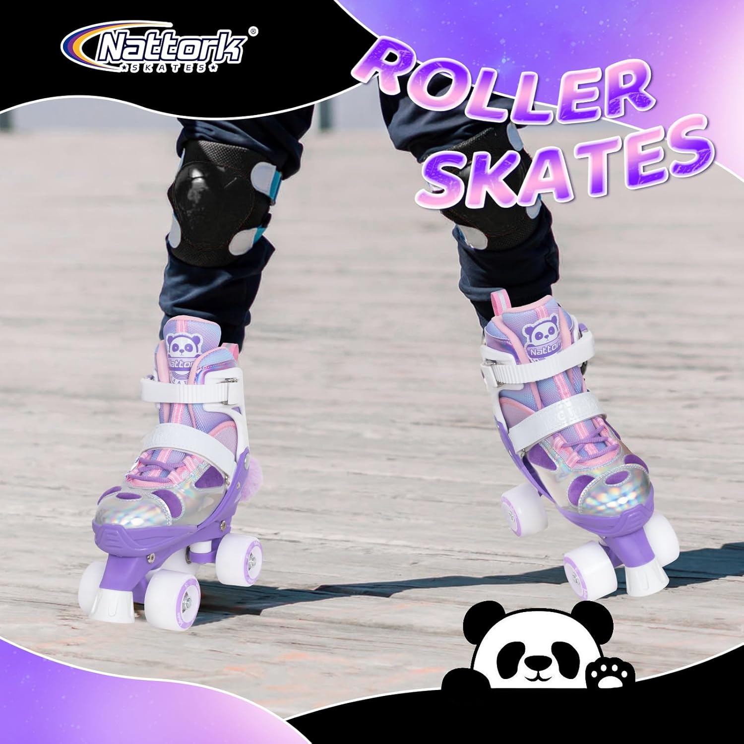 Nattork Kids Roller Skates for Girls Boys, 4 Size Adjustable Panda Quad Skates with All Light up Wheels, Beginner Roller Skates - Birthday Gift for Outdoor Indoor