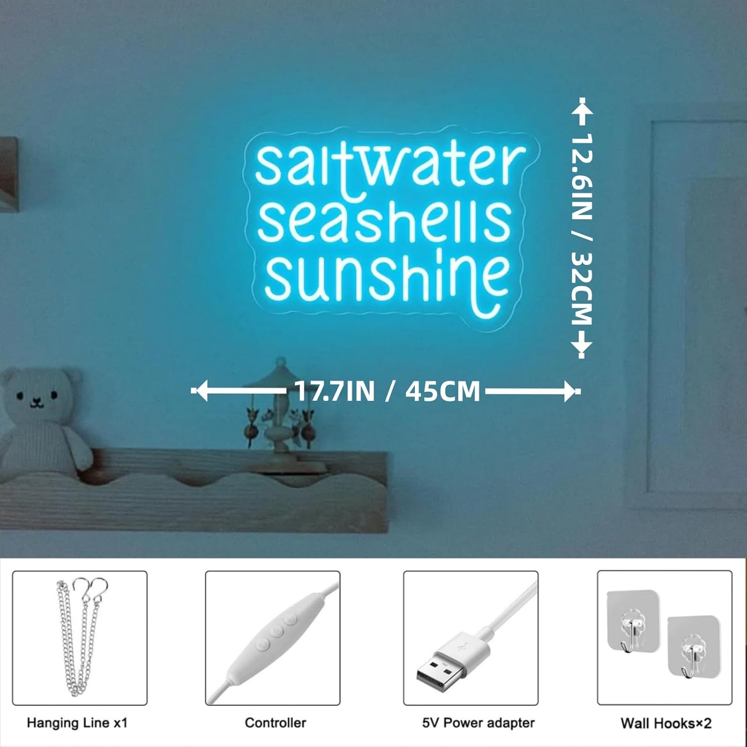 Saltwater Seashells Sunshine Neon Sign, Summer Beach wall art, Summer Trip Vacation gift,Coastal Wall Decor,Surf wall art,Ocean Themed Gifts, Bar Bedroom Cafe Tiki Bar Party Decoration