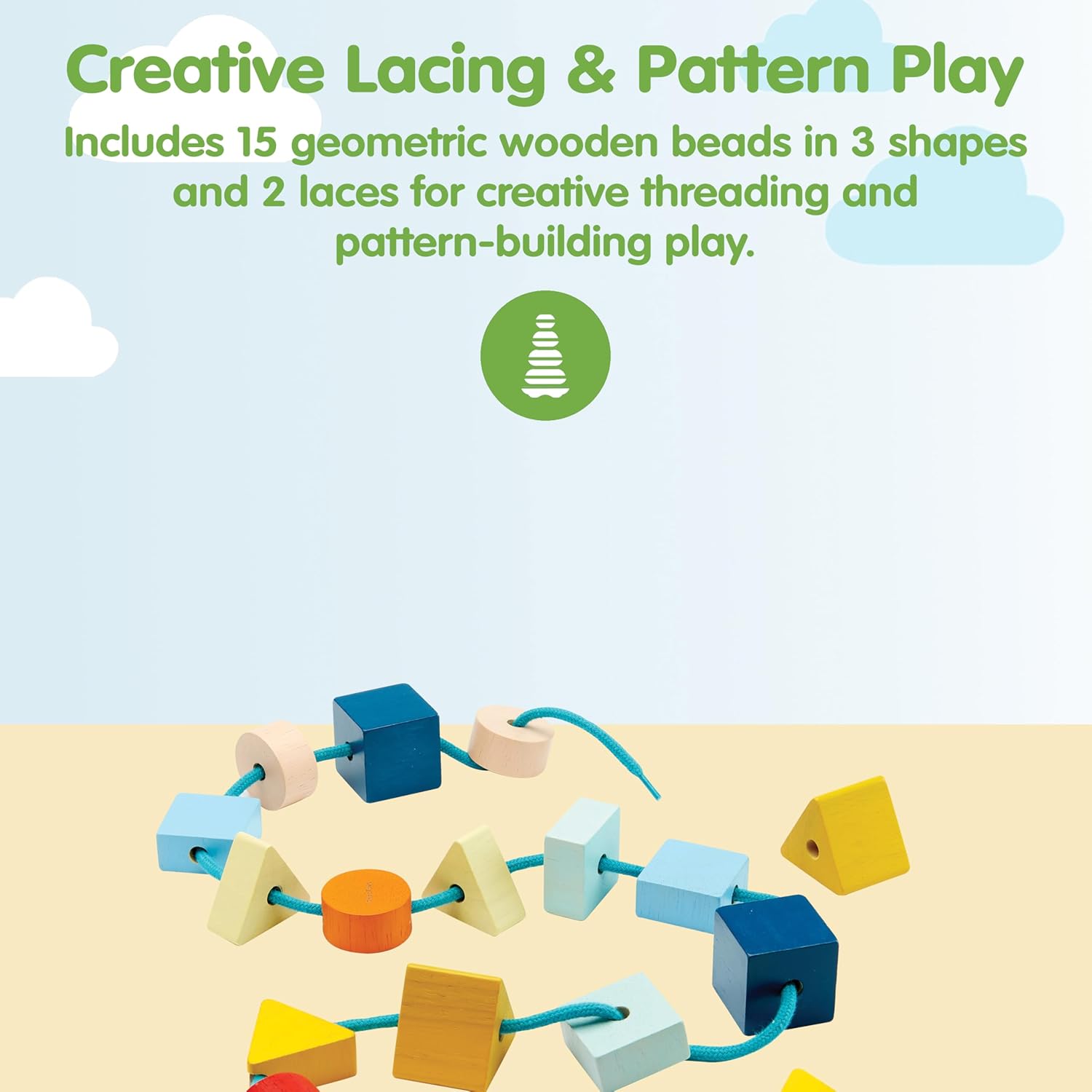 PlanToys® Geo Lacing Beads Wooden Montessori Fine Motor and Early Math Toy | Shape Recognition, Colour Exploration and Hands On Coordination Activity | Eco Friendly Threading Set for Meaningful Play