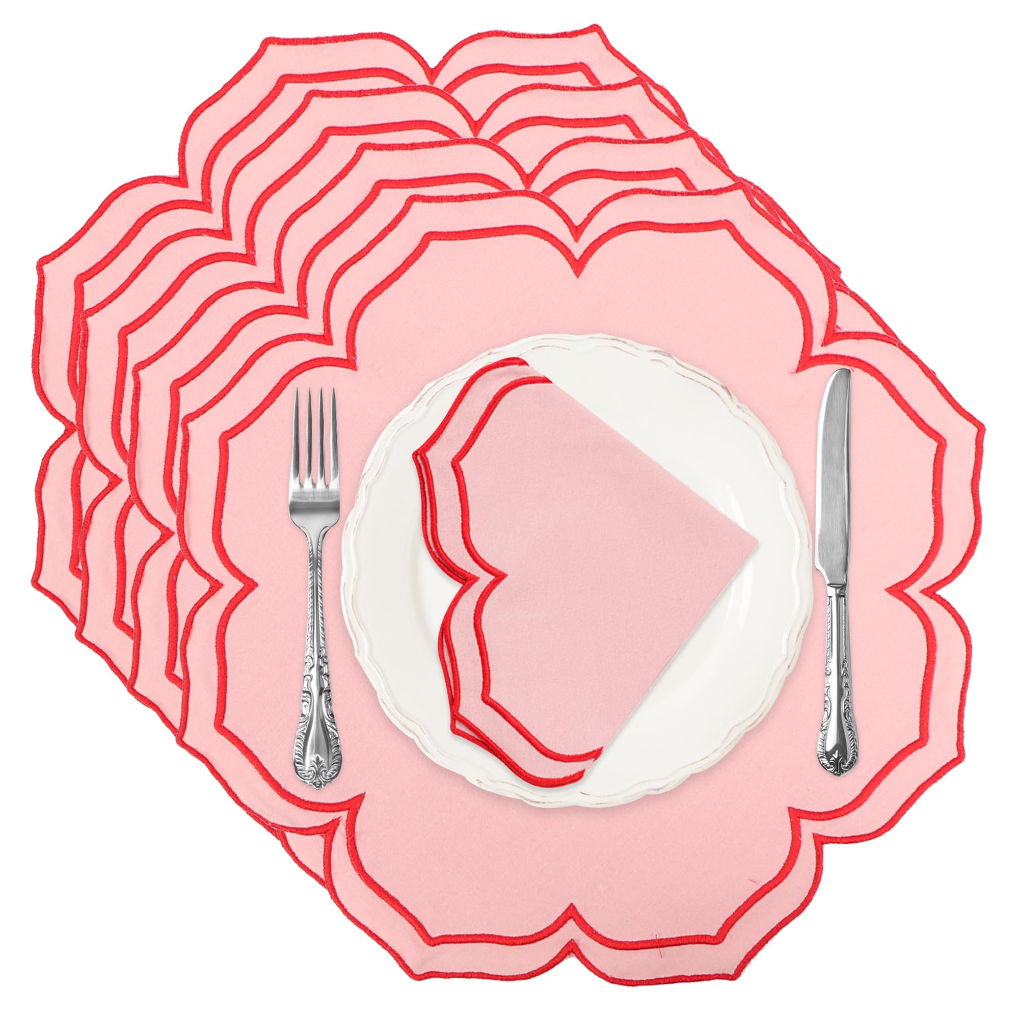 Juego de 4 servilletas de tela de lino de algodón, 45,7 x 45,7 cm, lavables para decoración de mesa de fiesta de boda (redondo, rosa con rojo)