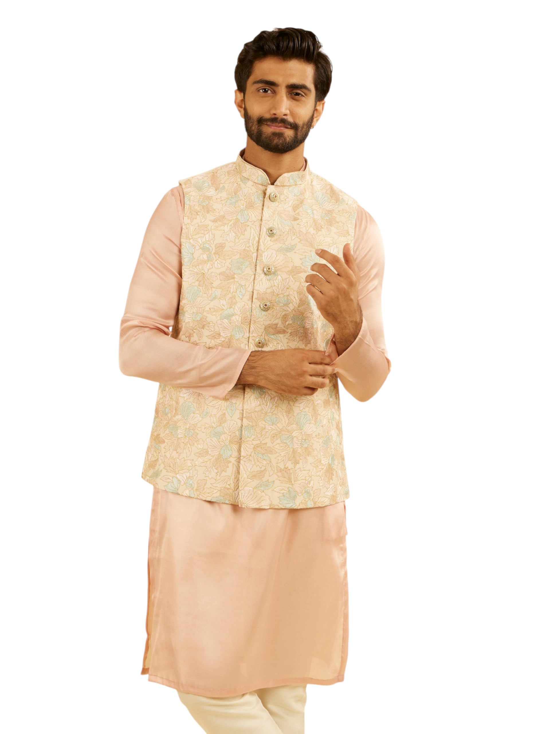 manyavar Men's Art Silk Floral Print Jacket (1pc)-picture-10