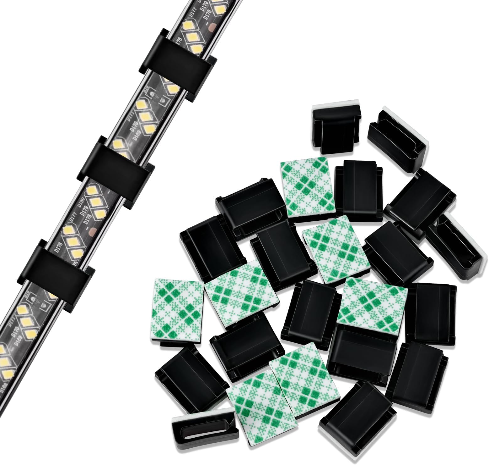 GooChan Strip Light Mounting Clips Self-Adhesive Tape Brackets Holder,100-Pack Clamps Fix Light Strip 8mm 10mm 12mm (for 10mm (3/8") Black Wide Strip Lights)