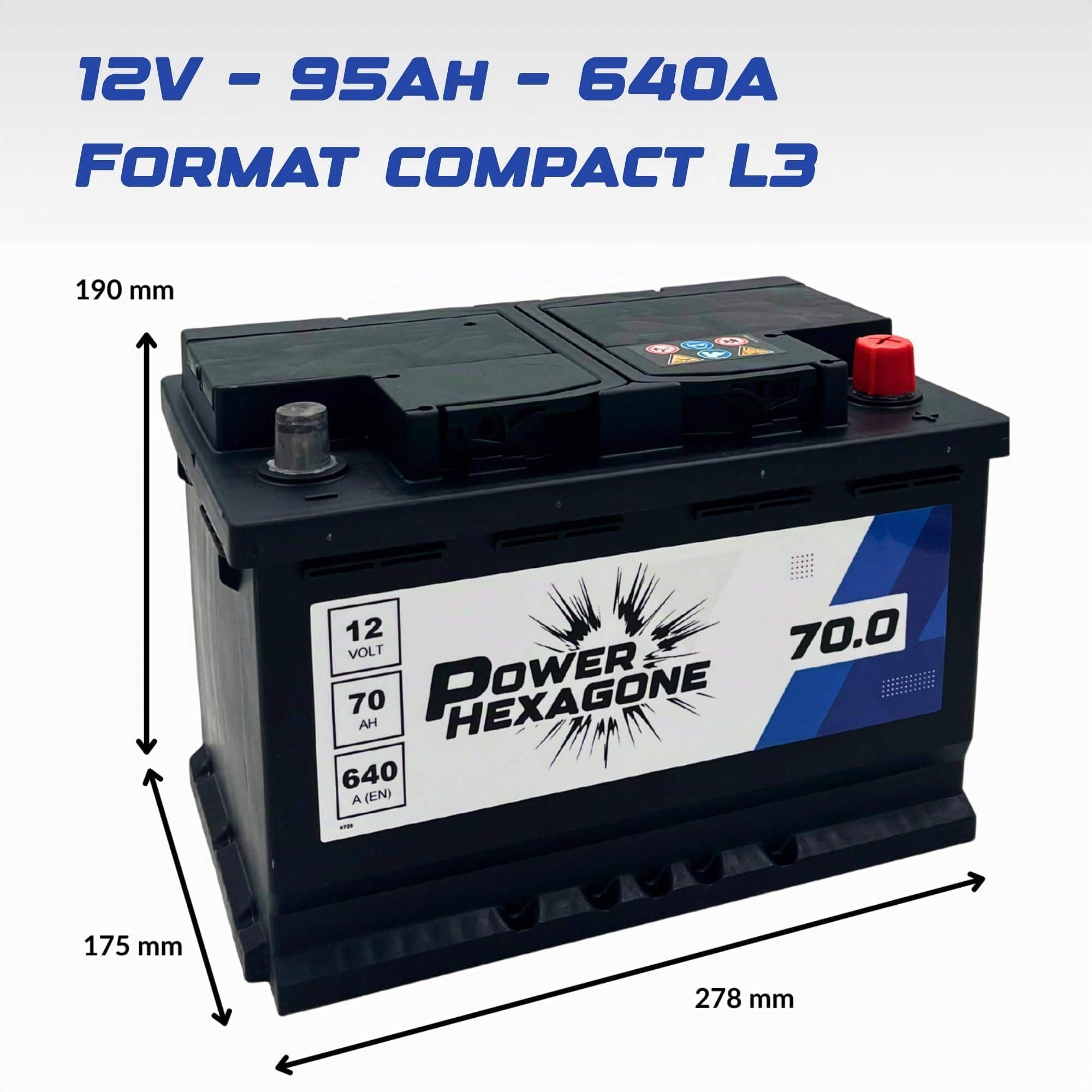 Batterie Voiture 12V 70 Ah L3 - Puissance de Démarrage 640A - Qualité Origine - Batterie Auto Sans Entretien - Prête à l’emploi - Compatible Voiture et Chantier - Livraison Power Hexagone