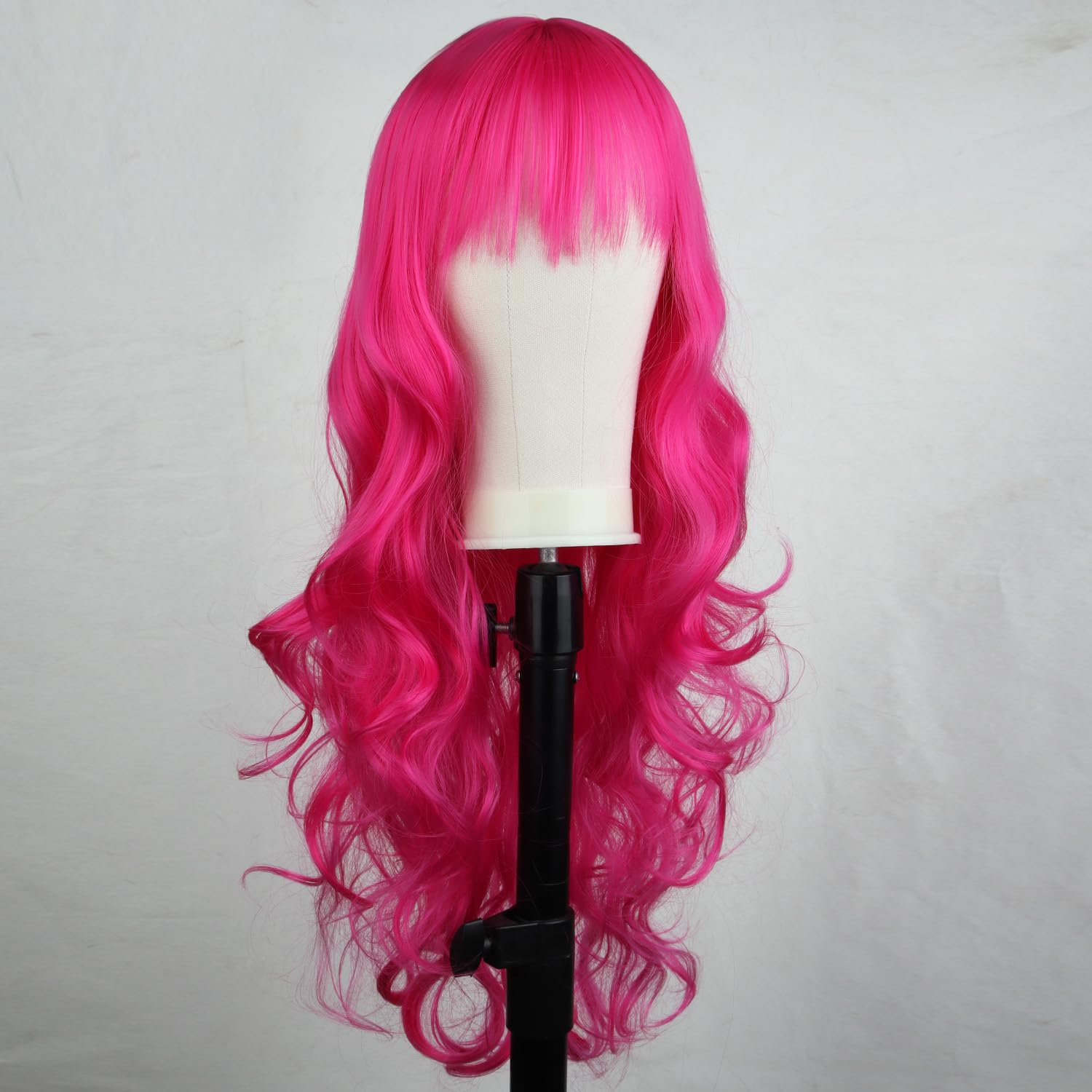 BERON 32 Inches Hot Pink Wig with Bangs Long Curly Rose Red Wigs Women Wigs with Wig Cap - Image 3