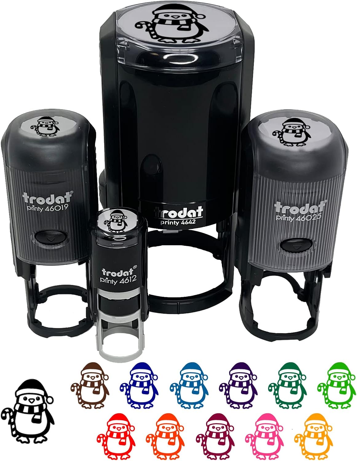 Christmas Penguin with Candy Cane Self-Inking Rubber Stamp Ink Stamper for Stamping Crafting Planners - 1-1/2 Inch Large - Red Ink