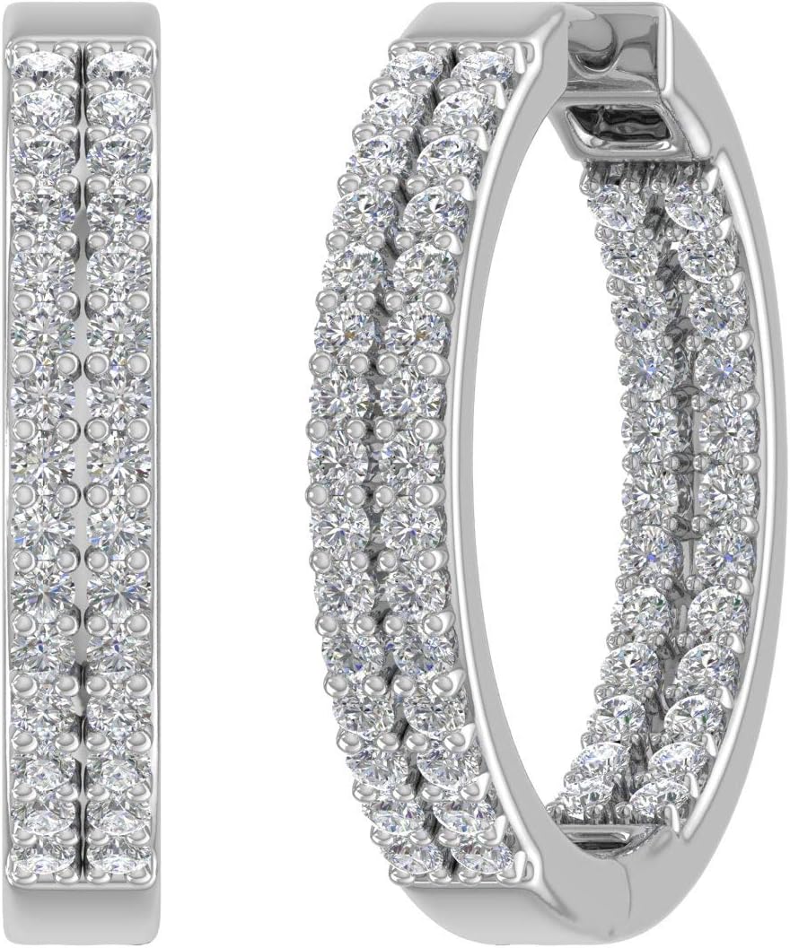 1 Carat (ctw) Natural Diamond Two Row Inside-Out Diamond Hoop Earrings in 925 Sterling Silver 18K Yellow Gold Over