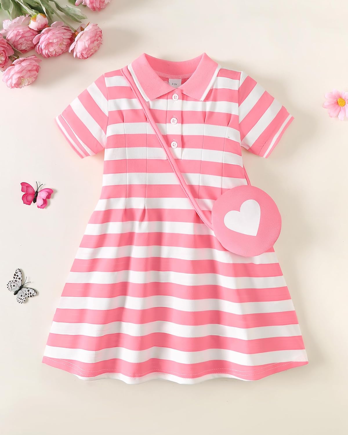 Renotemy Toddler Girl Dress Size 4t Girls Summer Clothes Outfits Little Kids 5T Girl Gifts Pink Striped Sport Golf Short Sleeve Button Polo Dresses Cotton Back to School Uniform Party Dress with Bag