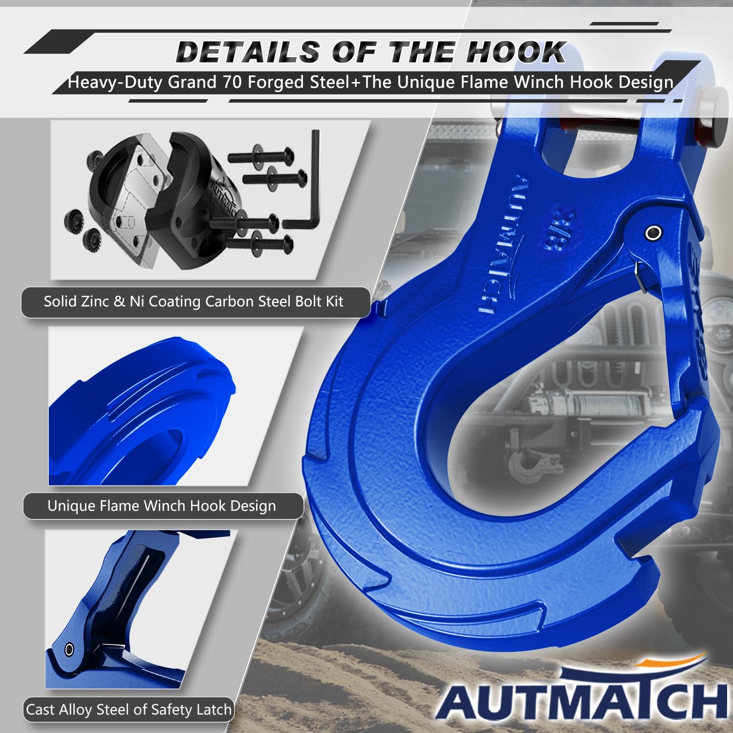 AUTMATCH Loquet de sécurité pour treuil de 9,5 mm – Grade 70 en Acier forgé avec Plaque en Acier, Charge maximale de 18 kg pour Corde de treuil, VTT, UTV, véhicule Tout-Terrain, Bleu