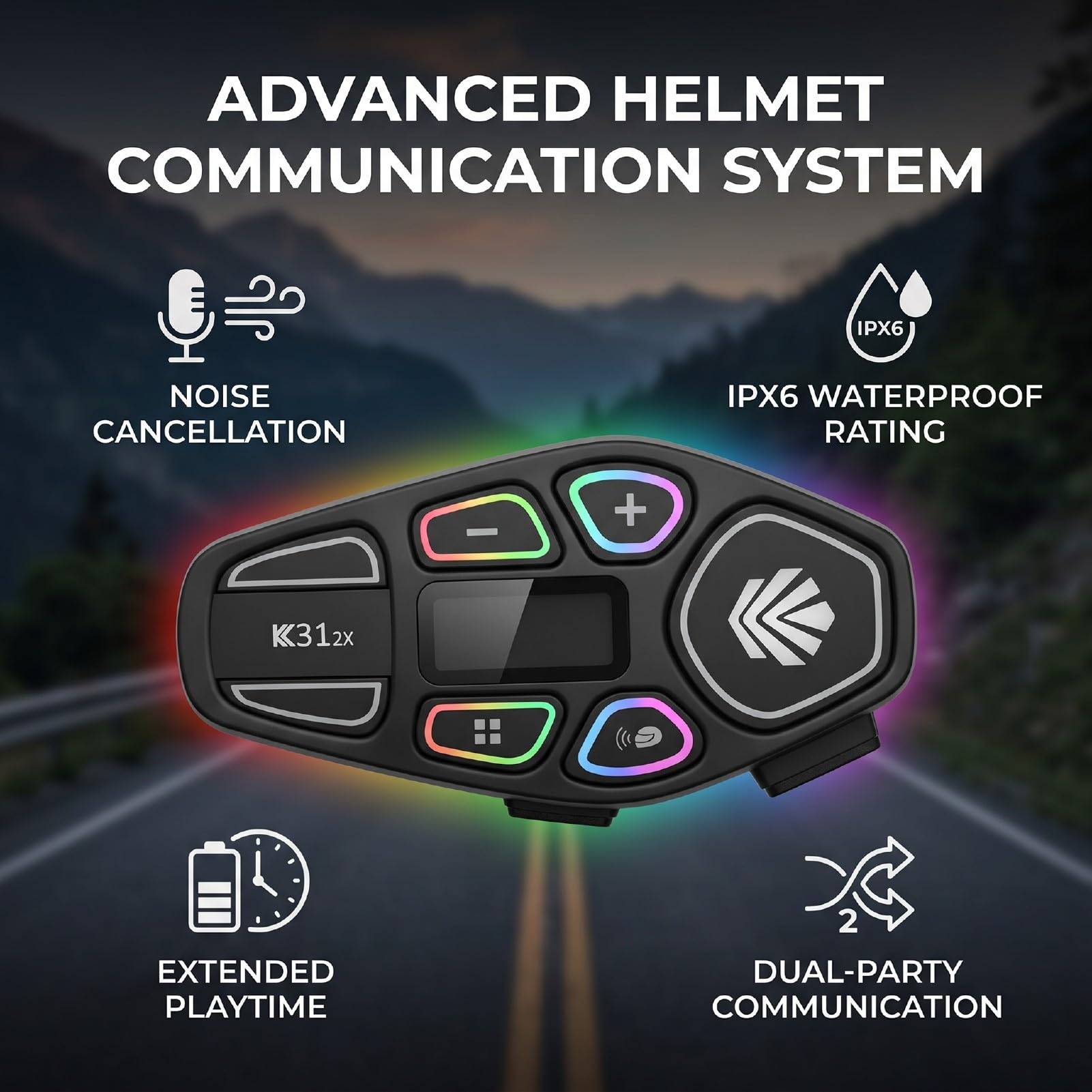 Auricolare Bluetooth per Casco Moto, Illuminazione RGB IPX6 Impermeabile con Cancellazione del Rumore con Ricarica di Tipo C 13 Ore di Riproduzione, per Caschi Integrali da Mezza