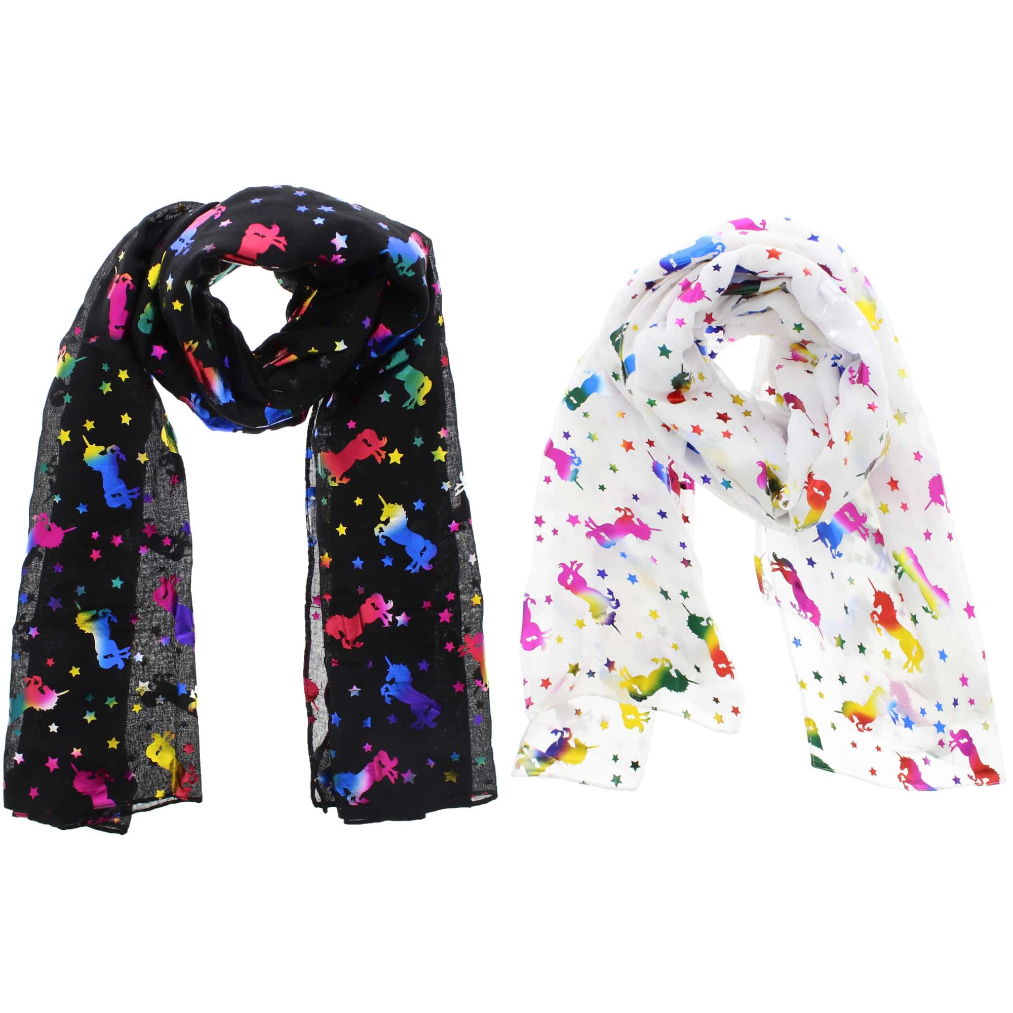 Zac's Alter Ego Women's Multicoloured Set Of 2 Lightweight Rainbow Foil Unicorn & Star Scarves