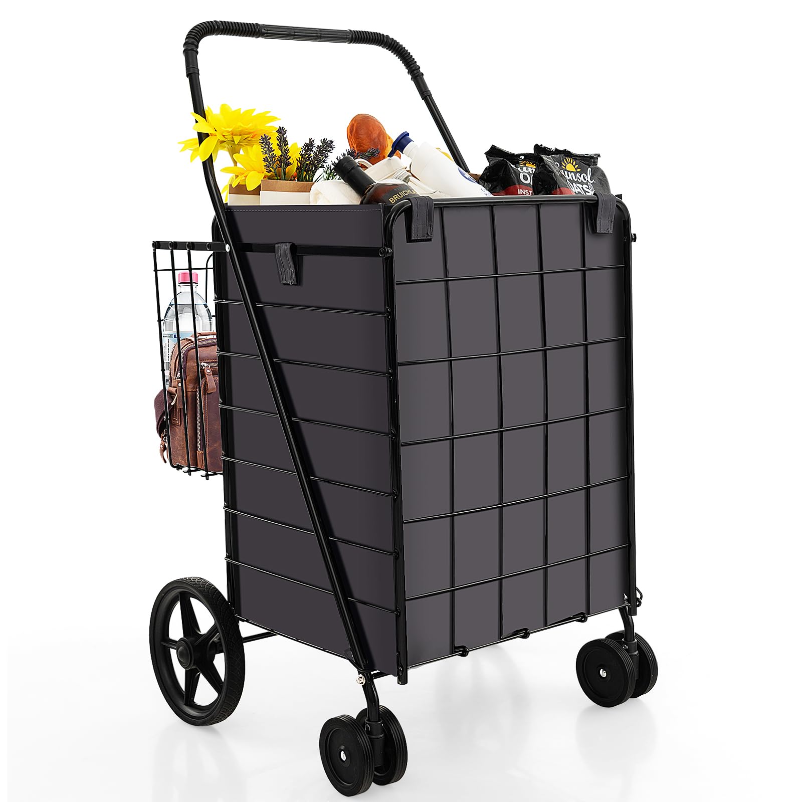 GOPLUS Chariot de Courses Pliable, Capacité 120L et Charge 40kg, Poignée Ergonomique et Couverture Oxford, Chariot de Courses avec Cadre en Métal et Panier de Rangement Arrière, Noir