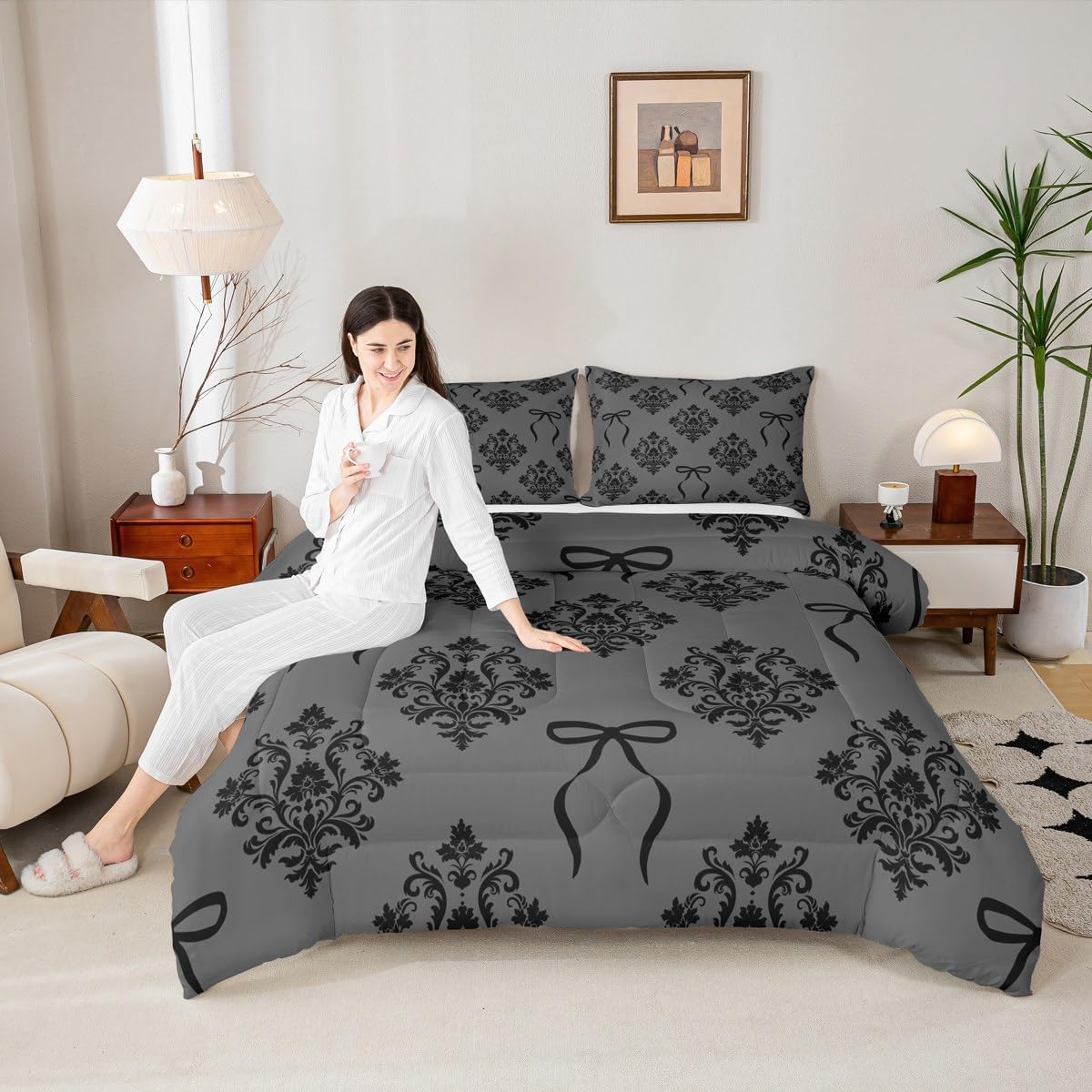 jejeloiu Vintage Damask Bedding Set Toddler Size Kids Bowknot Floral Comforter Set for Boys Girls Oriental Antique Duvet Quilt Breathable Soft Lightweight Microfiber，with 1 Pillow Case