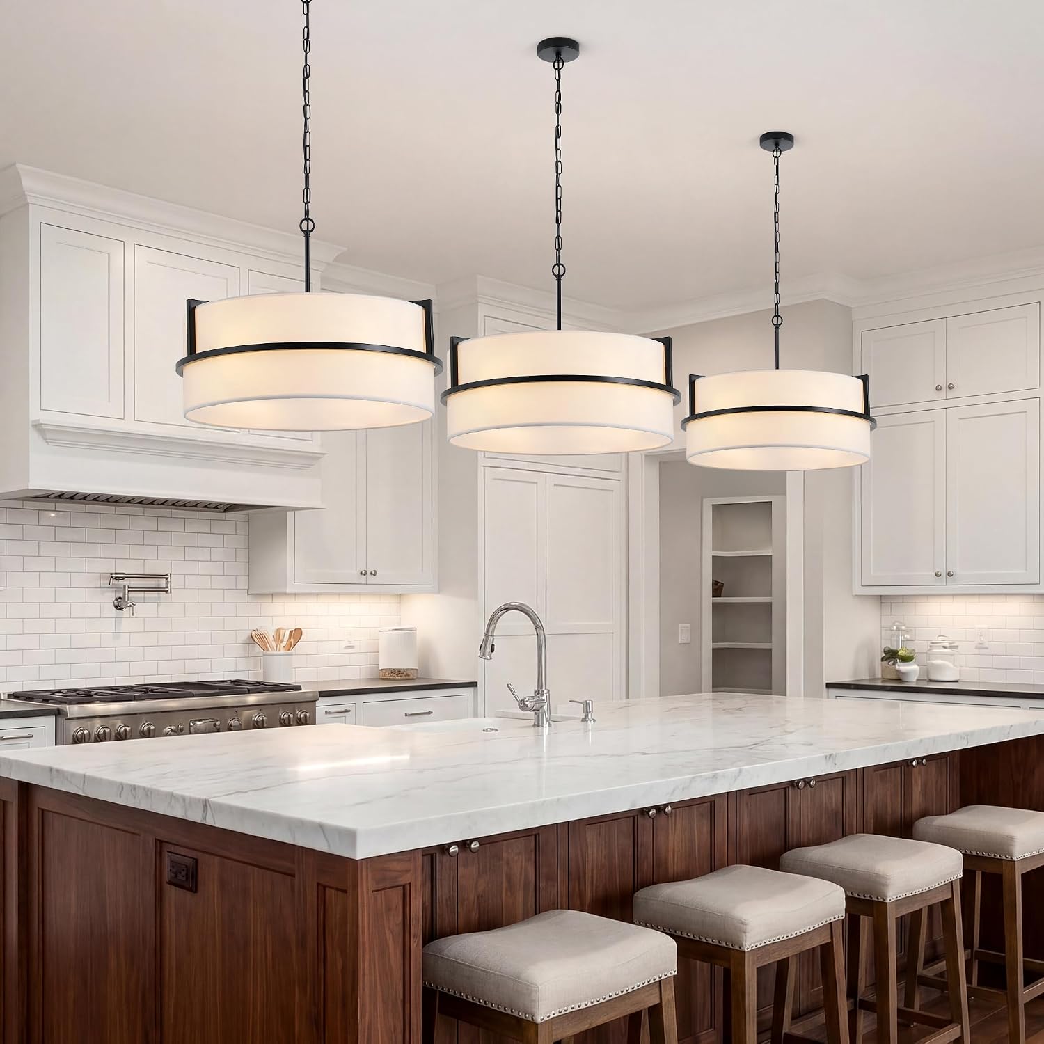 Condition photo showing New/Like New for 4-light black drum chandelier, 19.7" (50cm) fabric shade pendant light, matte black metal hanging light fixture, adjustable chain, e26 base, for dining room kitchen island bedroom living room