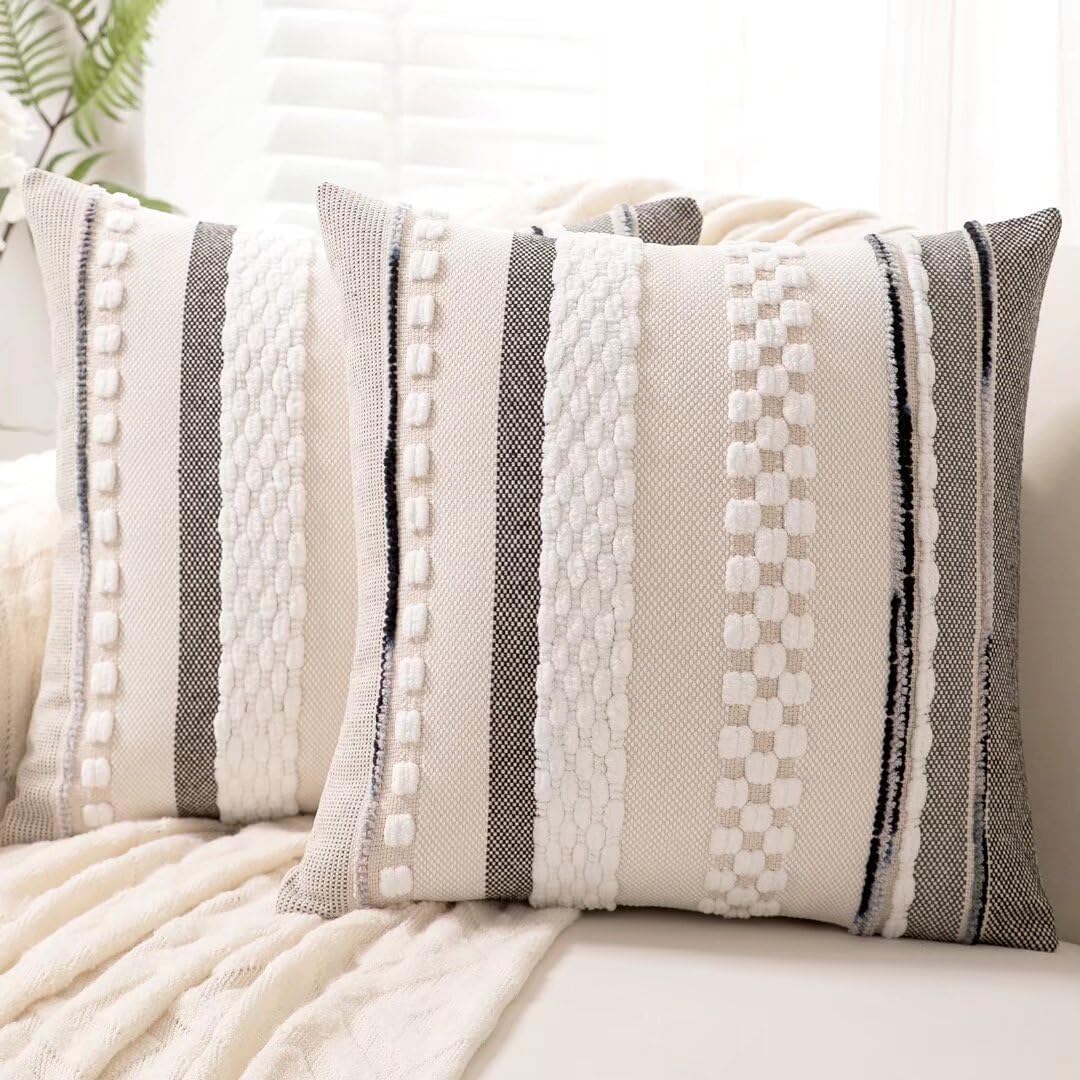 Boho Throw Pillow Covers 18x18 Set of 2 Farmhouse Decorative Cushion Case Striped Square Pillows Cover Chenille Pillow Cases Accent Neutral Pillowcase for Sofa Couch Bed,White