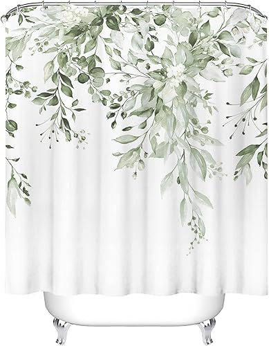 Vista 559 de Tititex - Juego de cortinas de ducha de eucalipto verde oliva, hojas de acuarela en la parte superior con decoración floral de baño, 60 x 72 Hojas