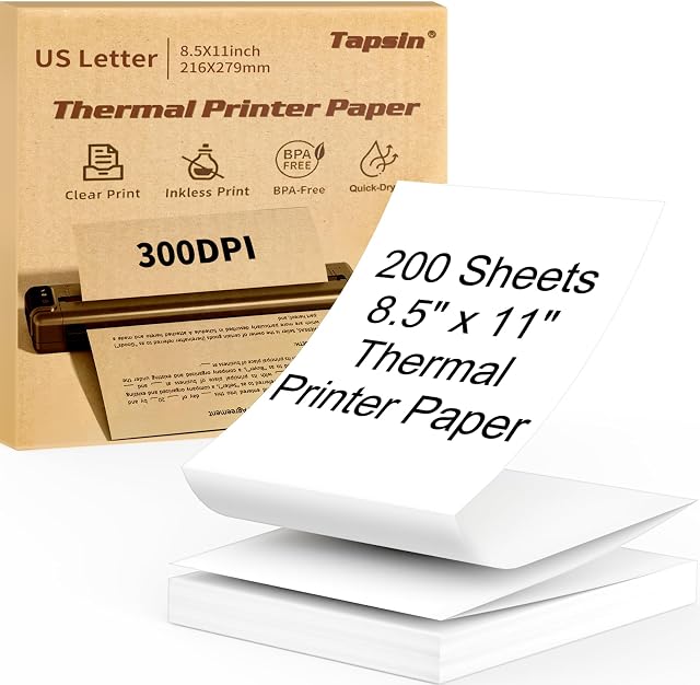 Papier pour imprimante thermique 8.5 x 11 Inch, rapide US Papier thermique à lettre, compatible avec M08F M832 Imprimante portable, papier thermo-pliant perforé continu pour bureau, contrat, 200 Feuilles