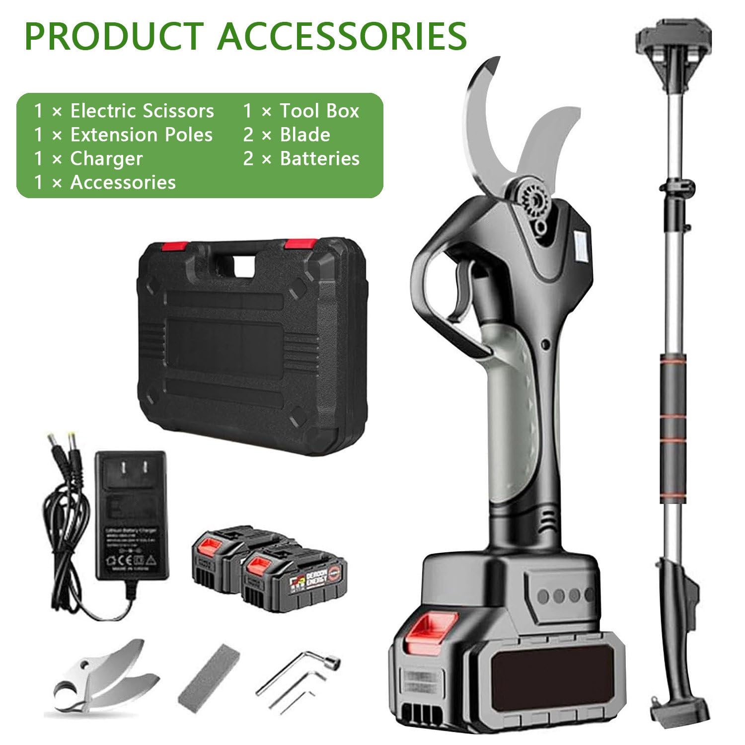 Tijeras De Podar Eléctricas, Tijeras De Podar Telescópicas Inalámbricas De 2.1M, Tijeras De Podar Con 2×4.5Ah Batería, Diámetro De Corte De 50mm, Tijeras De Ramas Para Jardinería