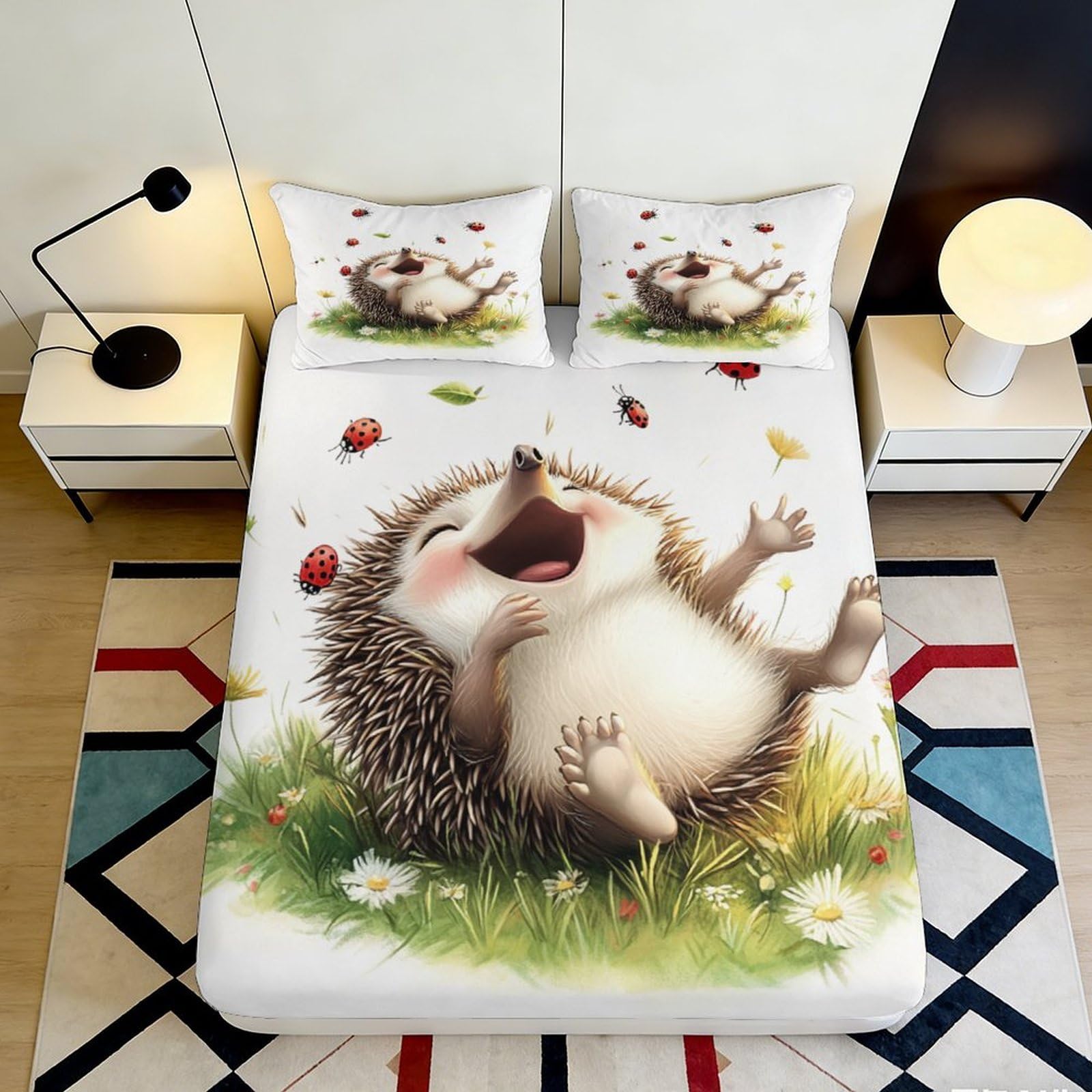 3D Printed Laughing Hedgehog Fitted Sheet Microfiber Soft Breathable Nature Meadow Bed Cover for Bedroom Dorm Decor 90x200x25cm