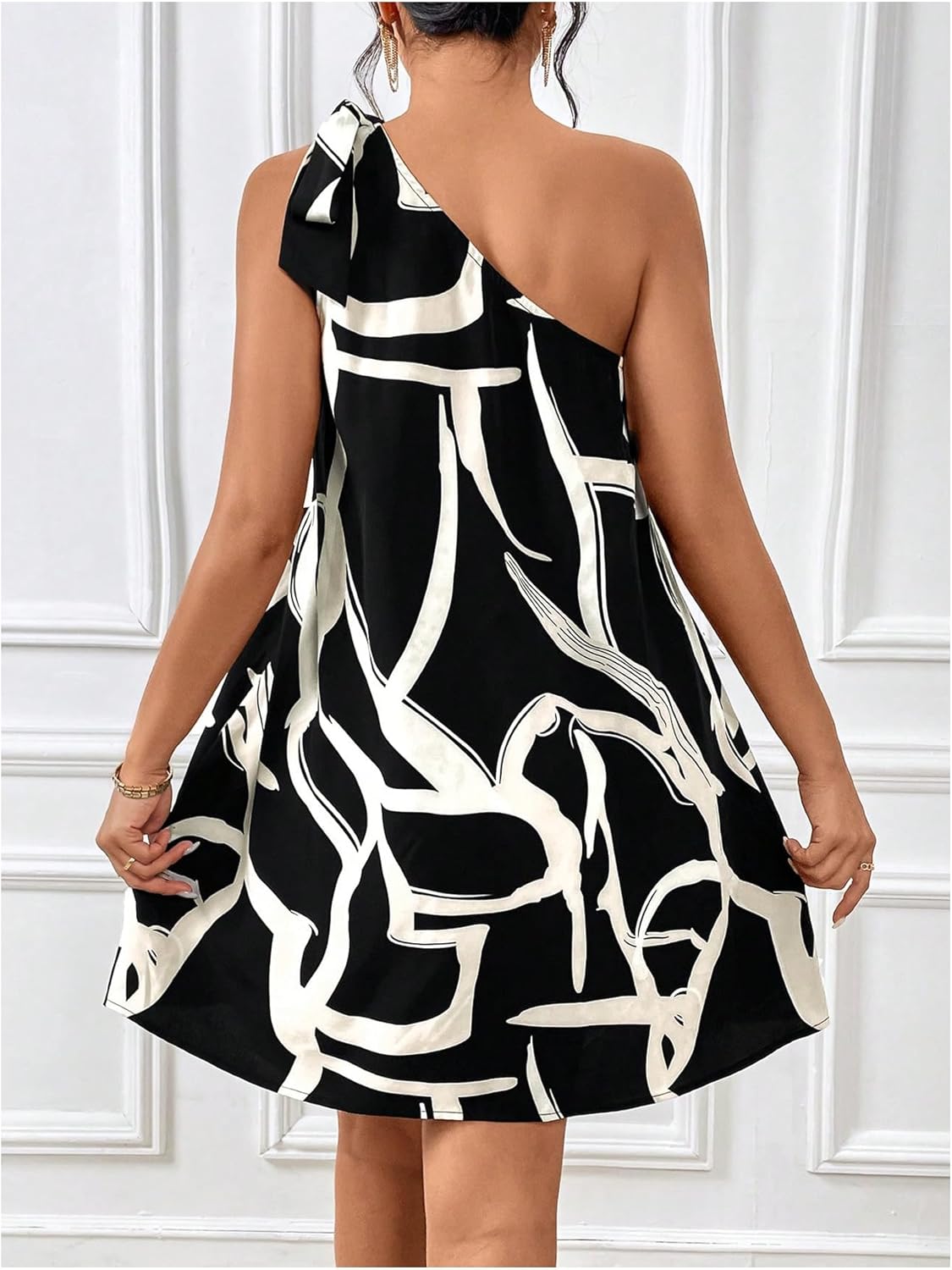 Floerns Women's Allover Print Knot One Shoulder Sleeveless Casual Tunic Dress - Image 2