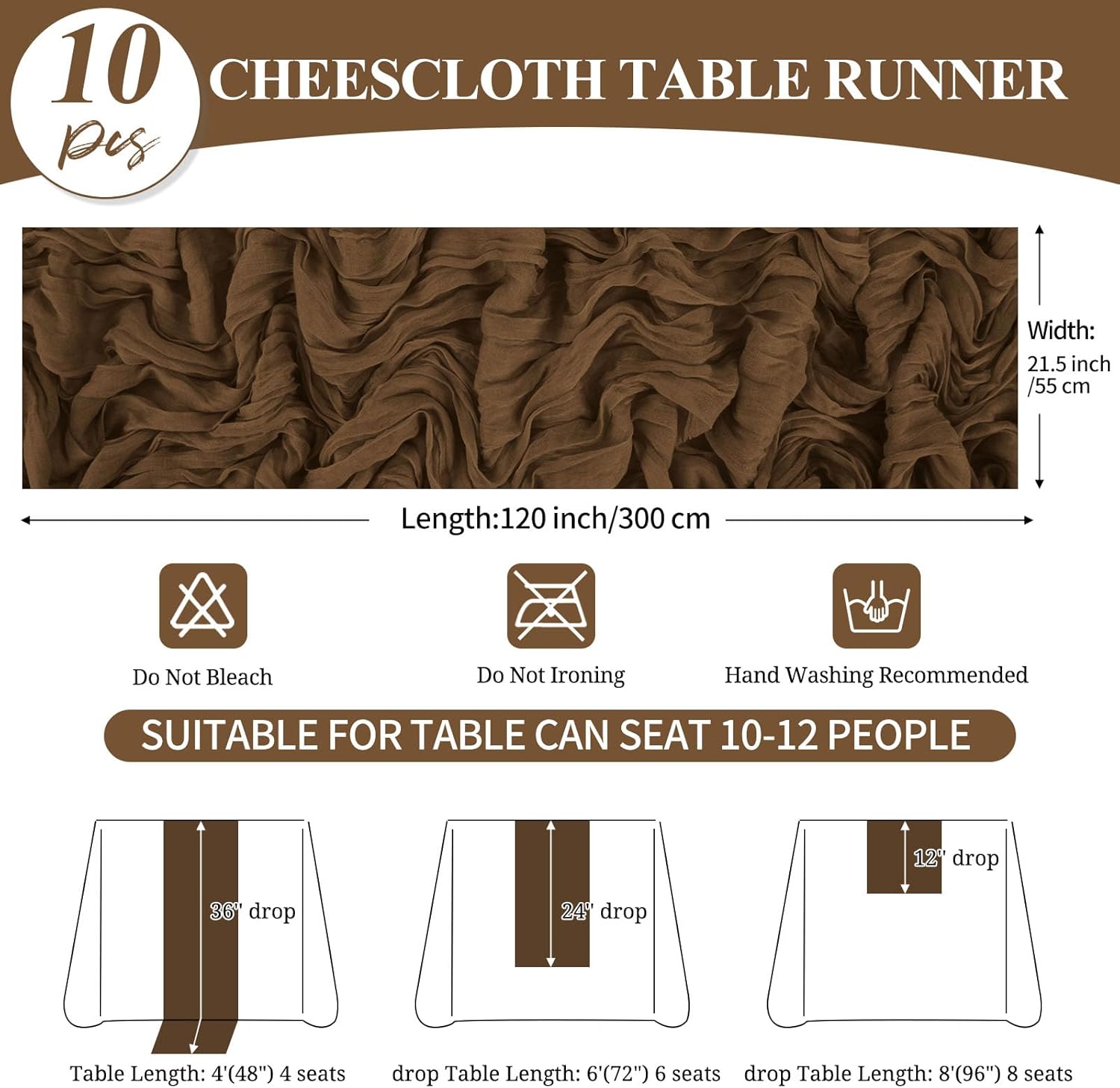 10 Pack Brown Cheesecloth Table Runner 20 x 120 Inch Rustic Gauze Boho Cheese Cloth Table Runners 10Ft for Wedding Party Bridal Shower Decoration