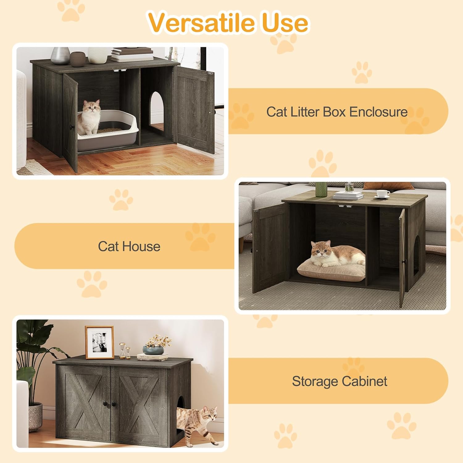 Collage showing versatile uses of the PETSITE Cat Litter Box Enclosure as a litter box enclosure, cat house, and storage cabinet.