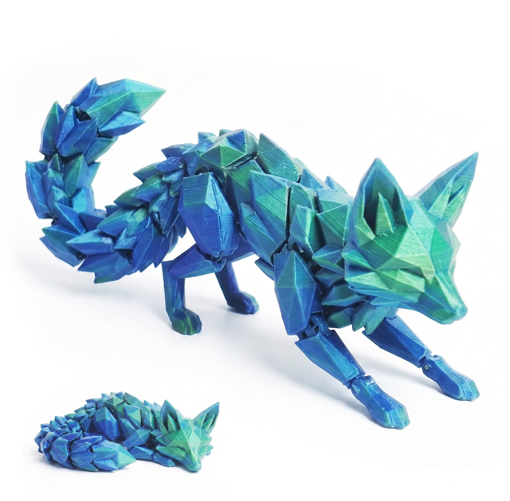 3D Printed Articulated Fox Figurine, Animal Fidget Toy with Movable Joints, Geometric Desktop Ornament for Home Office Shelf Decor (Blue Green,L)