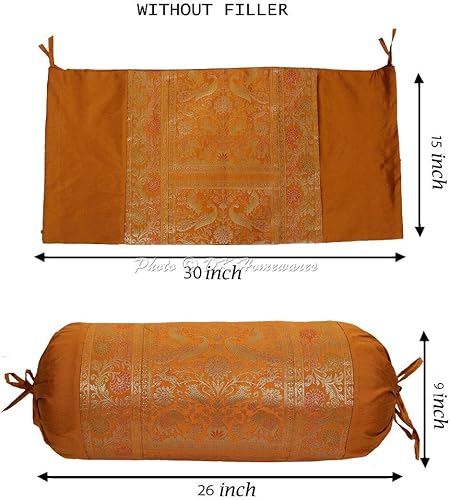 Miniatura 2 de DK Homewares Fundas de almohada de seda de brocado de jacquard indio para cama, cilíndrico perro caliente marrón, masand de yoga, decoración del