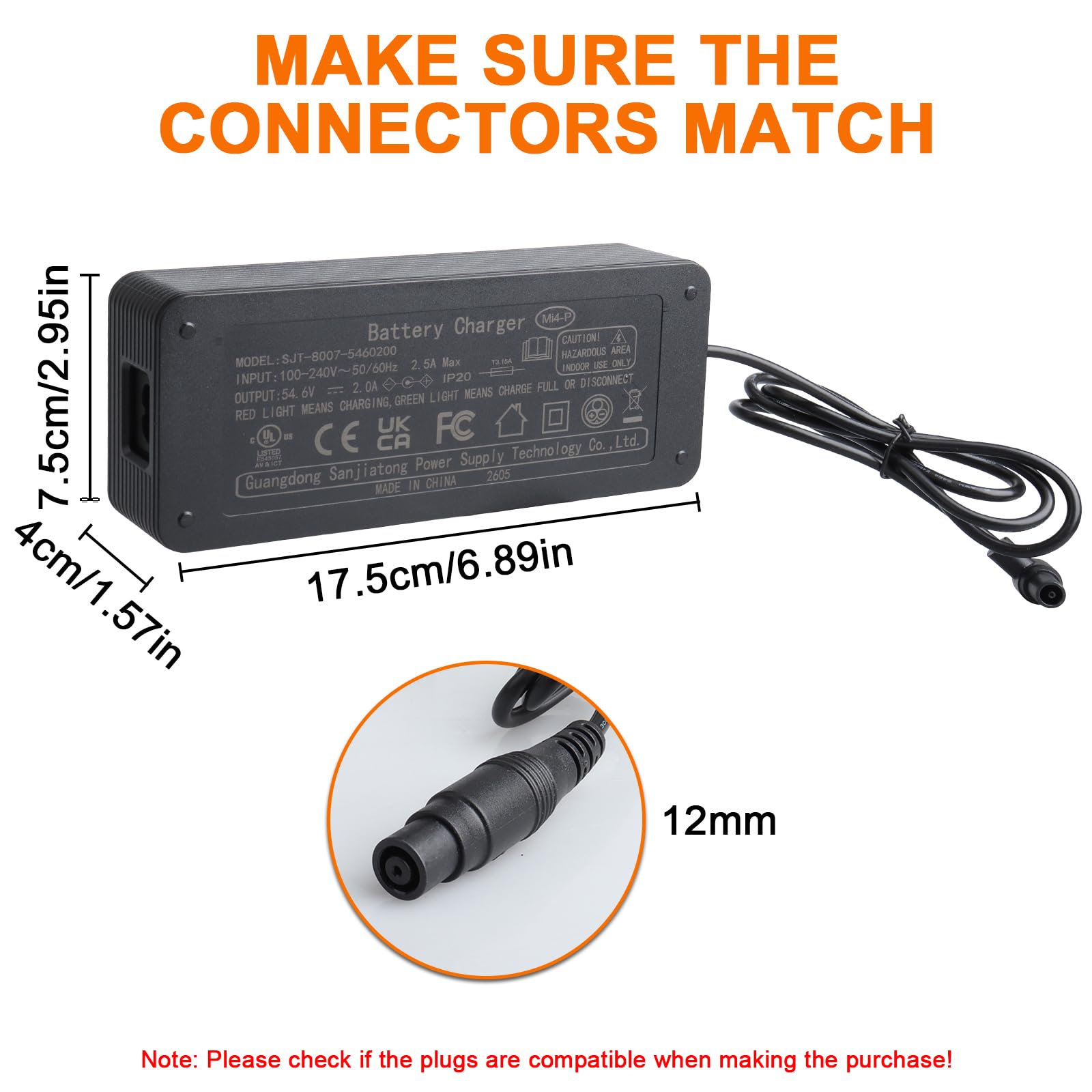 Chargeur de Scooter électrique 54.6V 2A, Compatibilité avec Xiaomi 4 Pro Max, 4 Pro Plus, 5 Max, Segway Max G3/ZT3/ZT3 Pro/F3/F3 Pro/GT3 pour 48V Batterie au Lithium Hoverboard, Connecteur 12 mm
