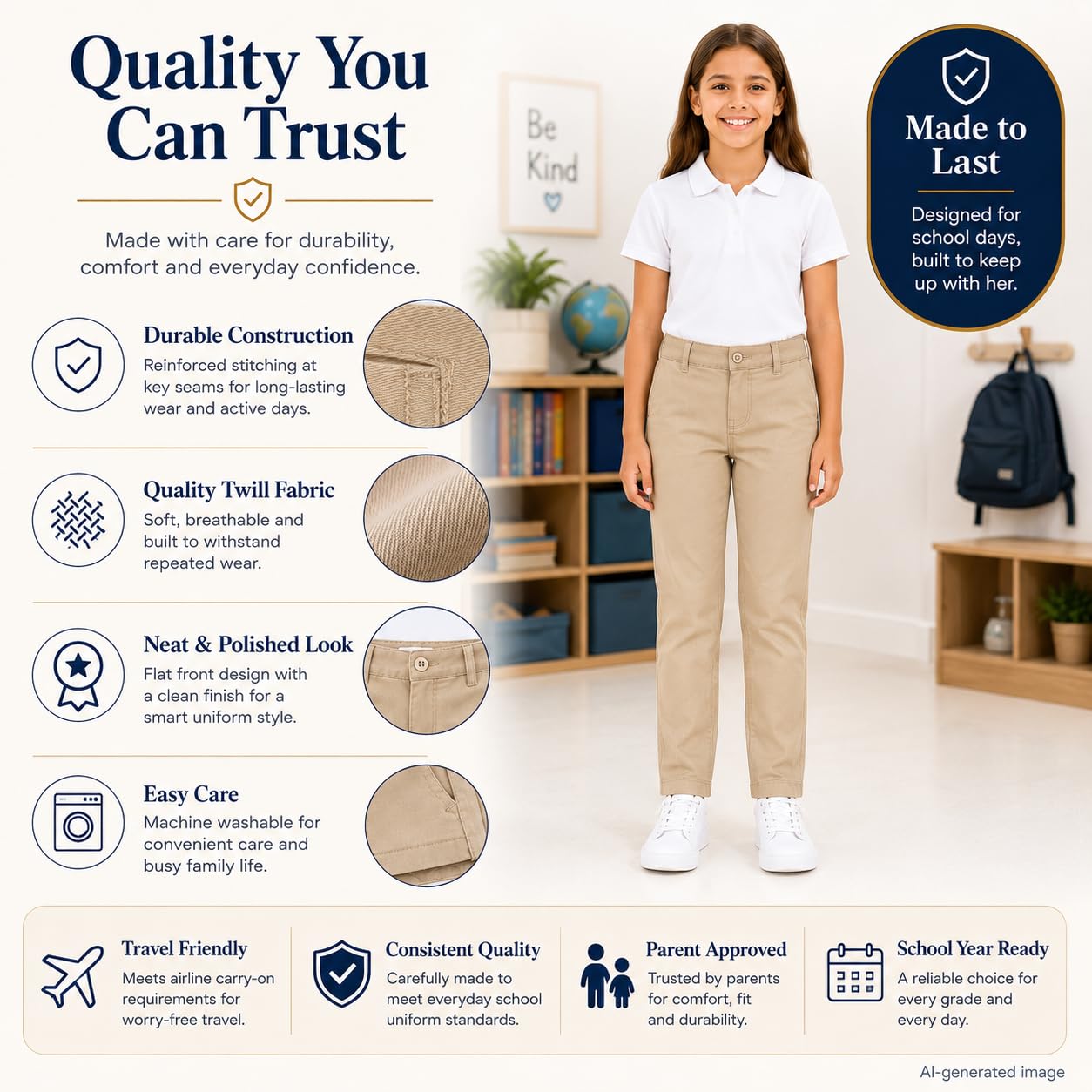 Bienzoe Pantalones de uniforme escolar de algodón elástico con cintura ajustable para niña - beige - 6X