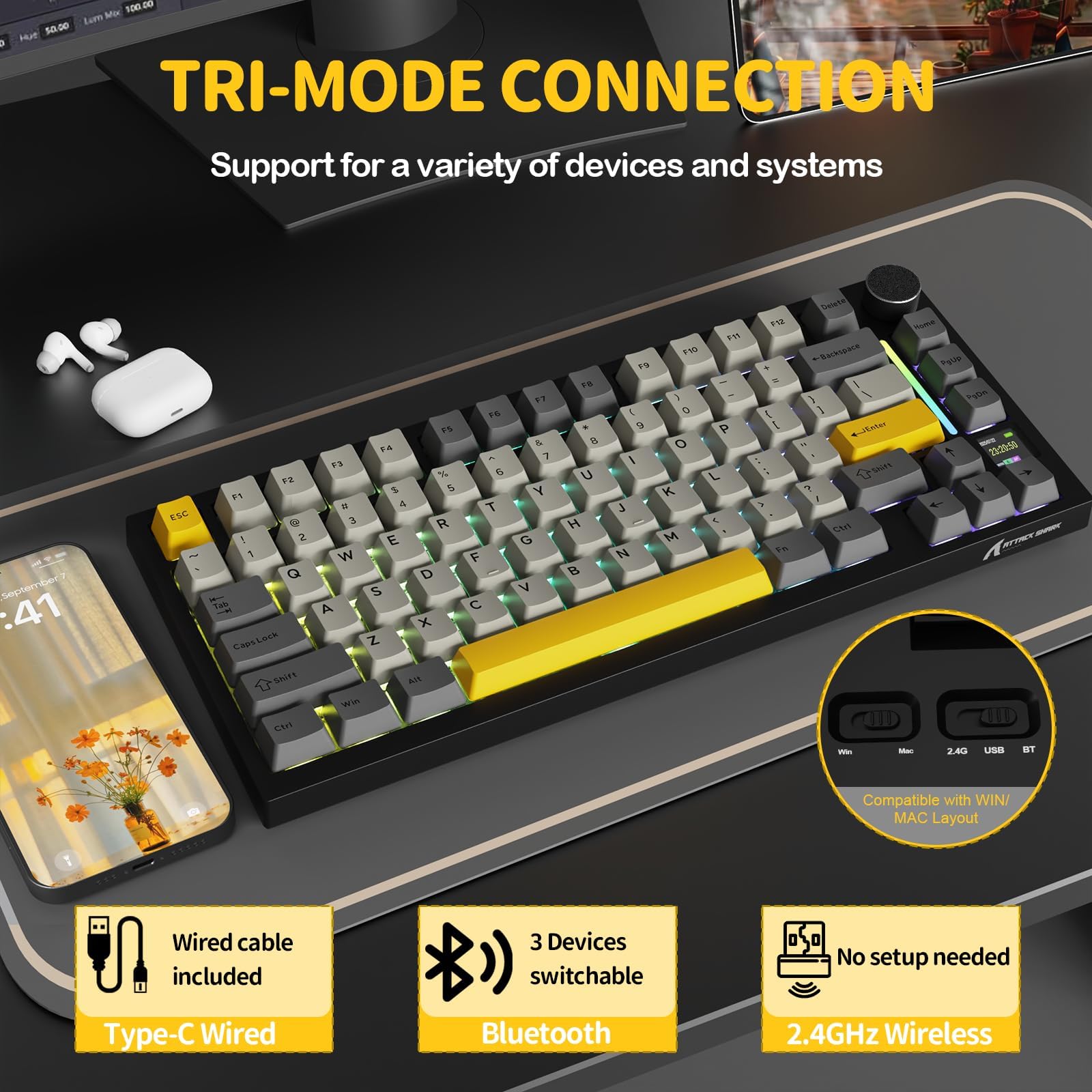ATTACK SHARK X820 Ultra Clavier Mécanique sans Fil avec Écran TFT Intelligent & Molette, Clavier Gaming 75% Hot-Swappable, BT/2,4G/Câblé, LED RGB Orientation Sud, Touches PBT (Noir–Shark Switch)