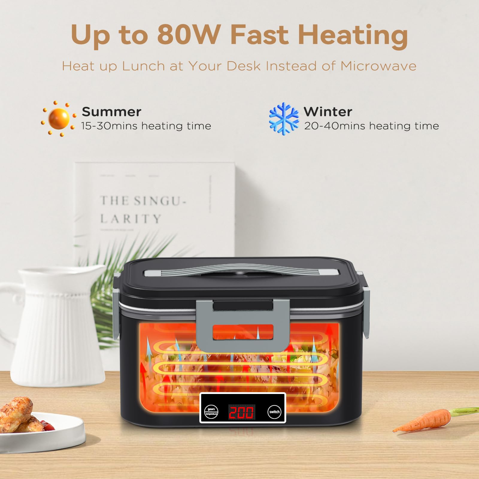 Electric Lunch Box Food Heater for Adults, 80W Heated Lunch Box with Digital Temperature Display,12V/24V/110V 1.8L Stainless Steel & 1L PP Fruit Container Portable Food Warmer LunchBox for Car/Work