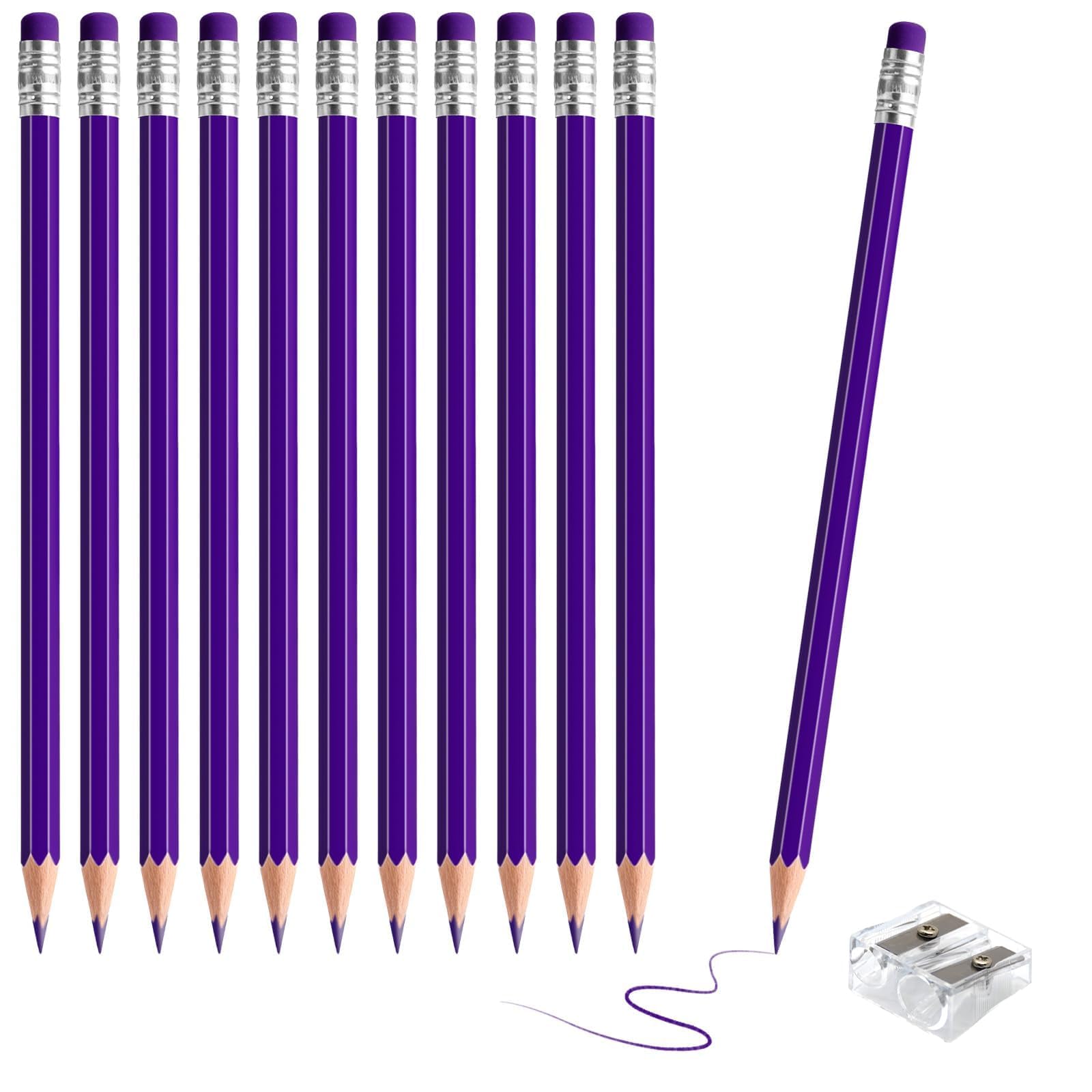 Lot de 12 crayons de couleur effaçables avec gomme pré-taillée 2 HB pour vérification, évaluation, tests et fournitures de bureau/scolaire (violet)
