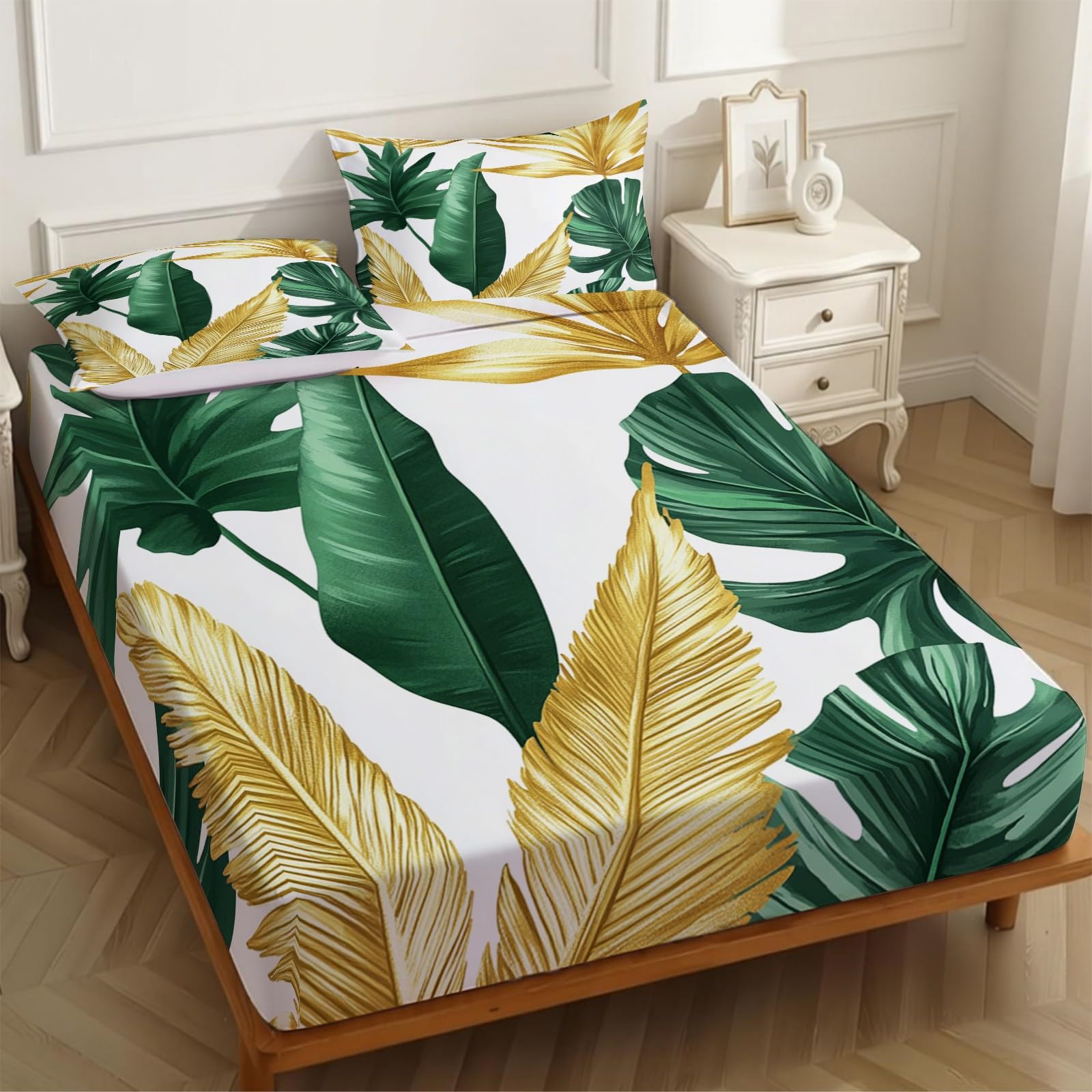 Lenzuolo con Angoli 180 x 200 cm Microfibra foglie di piante tropicali Lenzuolo Sotto Elasticizzato Profondo 25 cm oro per Singolo e Matrimoniale