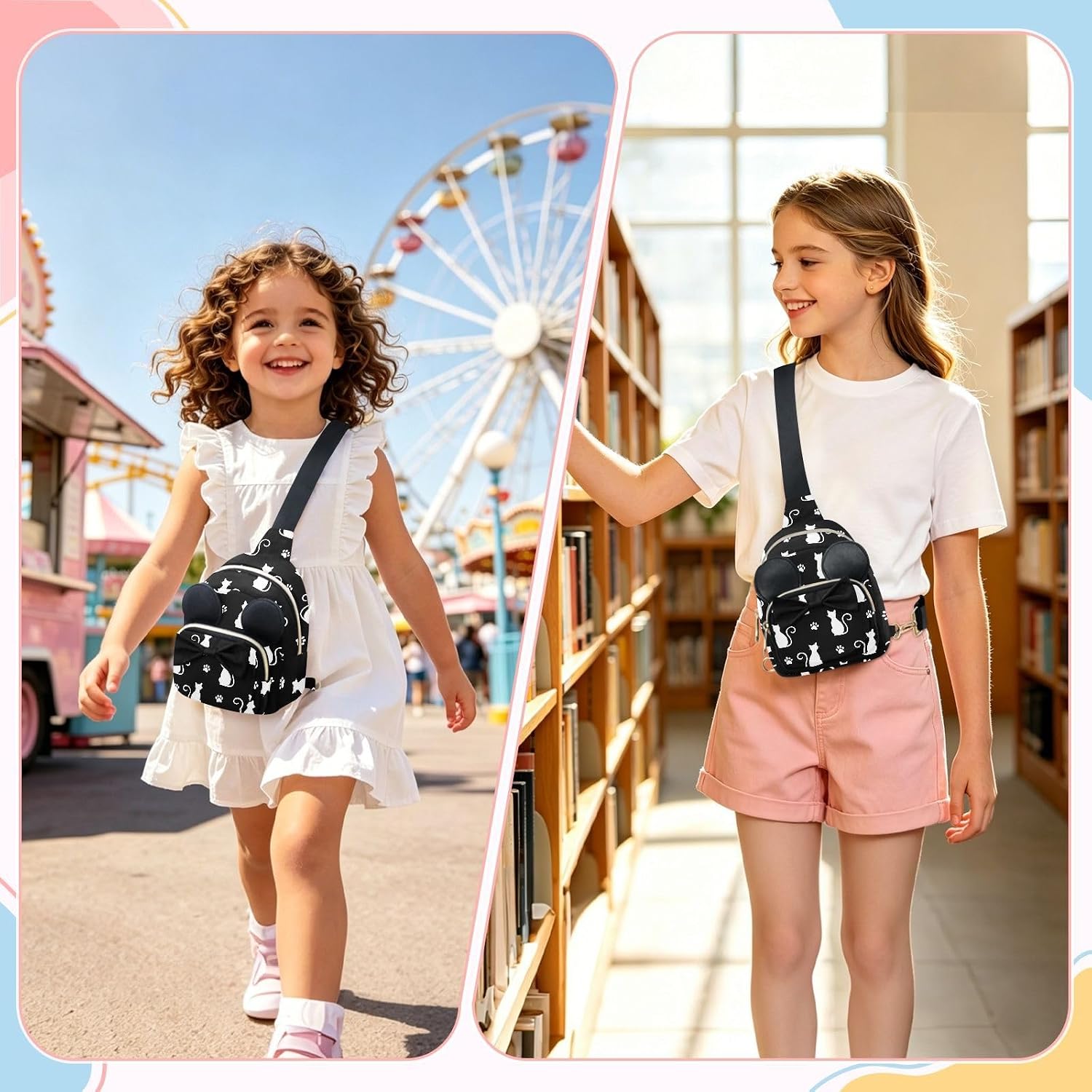 Sinestour Cats Paw Kids Crossbody Bags for Girls, 7.5"x3.1"x5.7" | Crossbody Fanny Pack, Toddler Purse, Cute Sling Belt Bag with Ears, 2L Small Shoulder Chest Bag for Travel