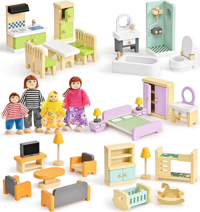 Toyssa Wooden Dollhouse Furniture Set, 36PCS Miniature Doll House Accessories with Colorful 5 Room & 4 Flexible Family Dolls, Pretend Play Toys Birthday Gift for Toddlers 3 4 5 6 Years Old
