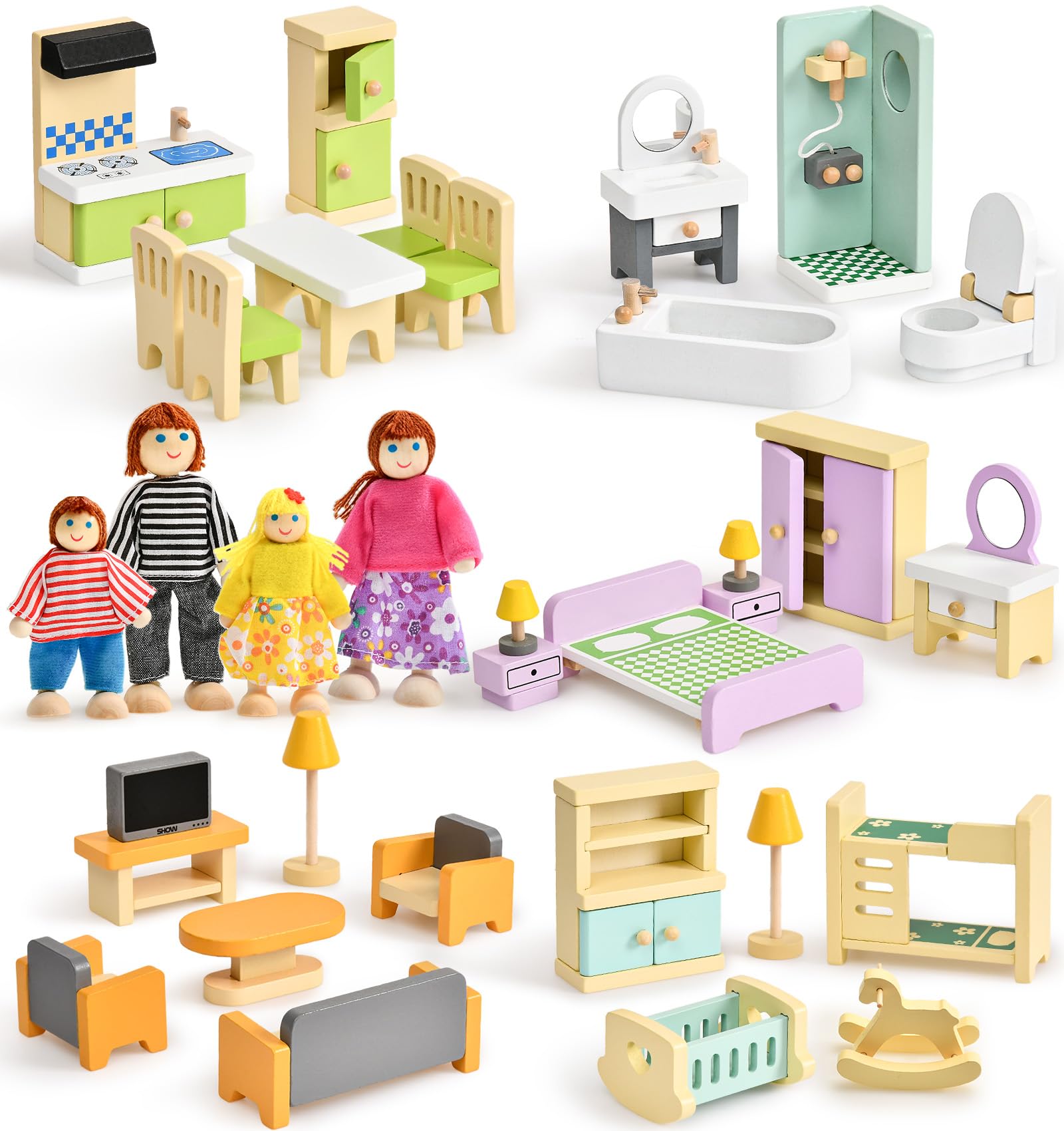 Toyssa Wooden Dollhouse Furniture Set, 36PCS Miniature Doll House Accessories with Colorful 5 Room & 4 Flexible Family Dolls, Pretend Play Toys Birthday Gift for Toddlers 3 4 5 6 Years Old