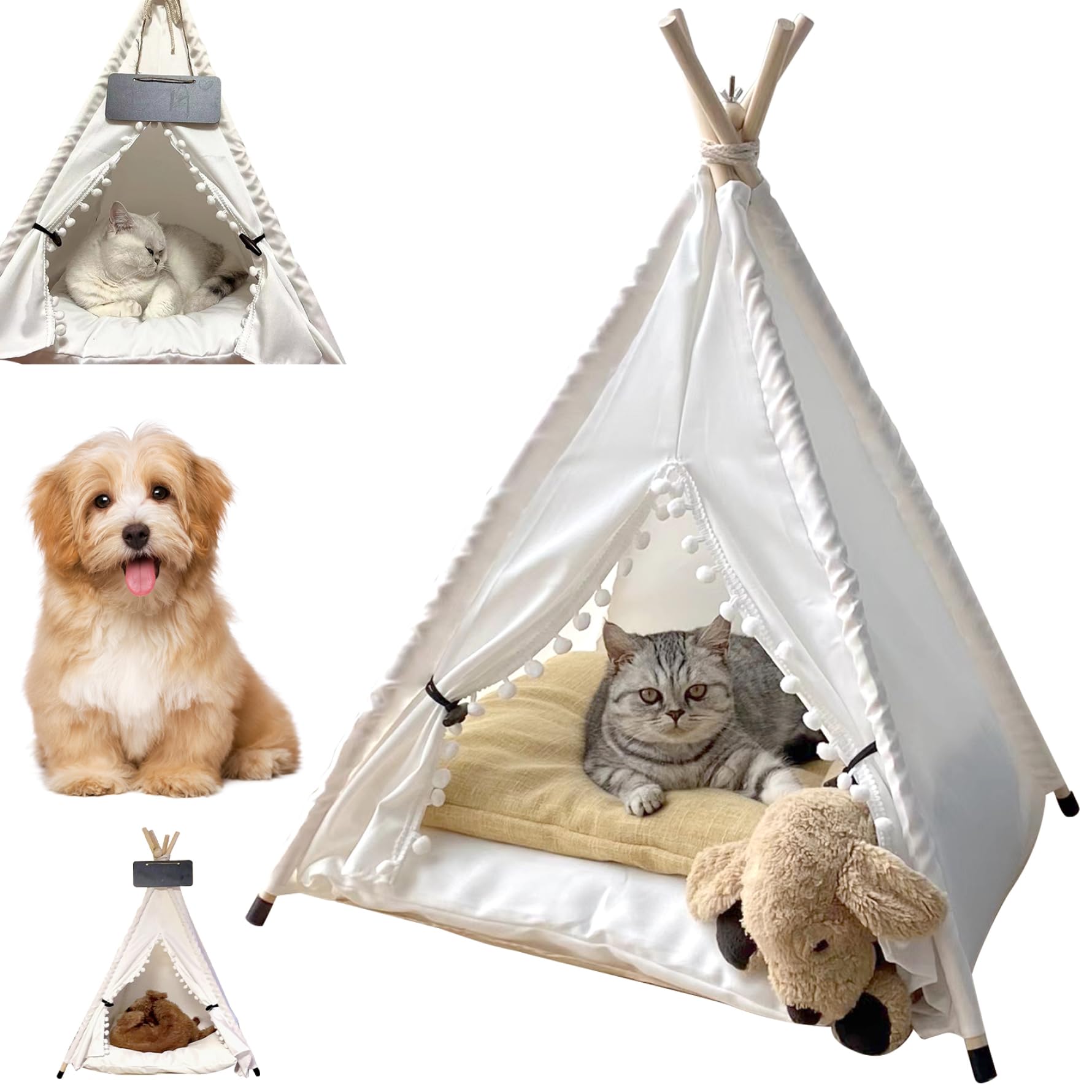 Haustierzelt halbgeschlossen geräumig Hundezelt gepolstert rutschfest für Katzen mit sicherem Mini-Katzen-Tipi zum Entspannen Schlafen Heimtierbedarf S