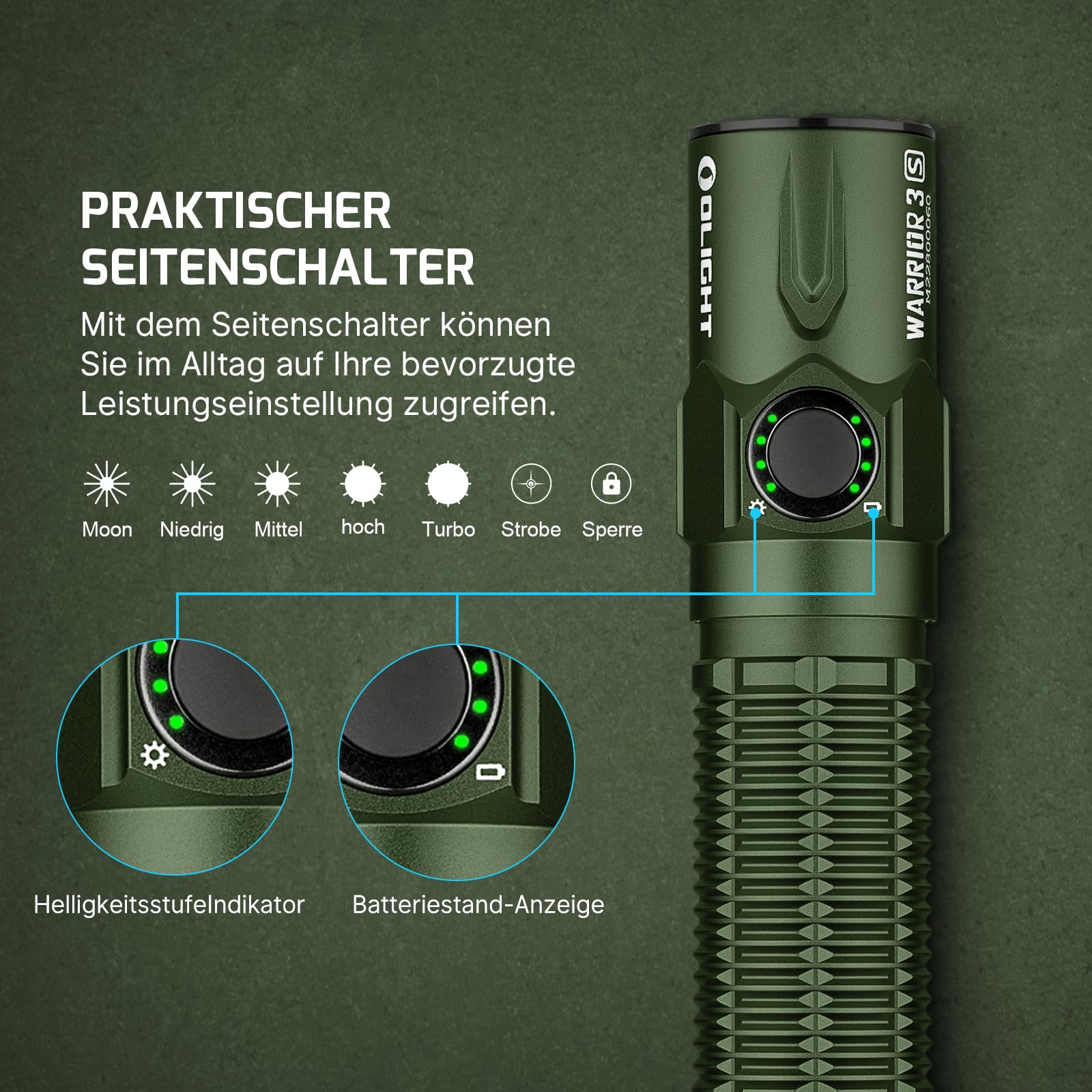 OLIGHT Warrior 3S Potente Torcia Max 2.300Lumen, 300 Metri, 6 Uscite, 130 ore di Funzionamento Torcia con Doppio Interruttore a Led per Esterni, Forze Dell'ordine (Verde)