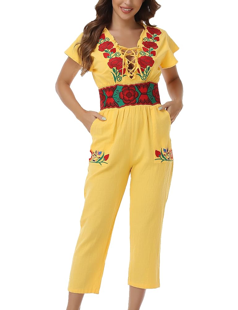 サロペット・オーバーオール・オールインワン AMERI NORA FLOWER EMBROIDERY ROMPERS Ameri（アメリ）の「NORA FLOWER EMBROIDERY ROMPERS（つなぎ